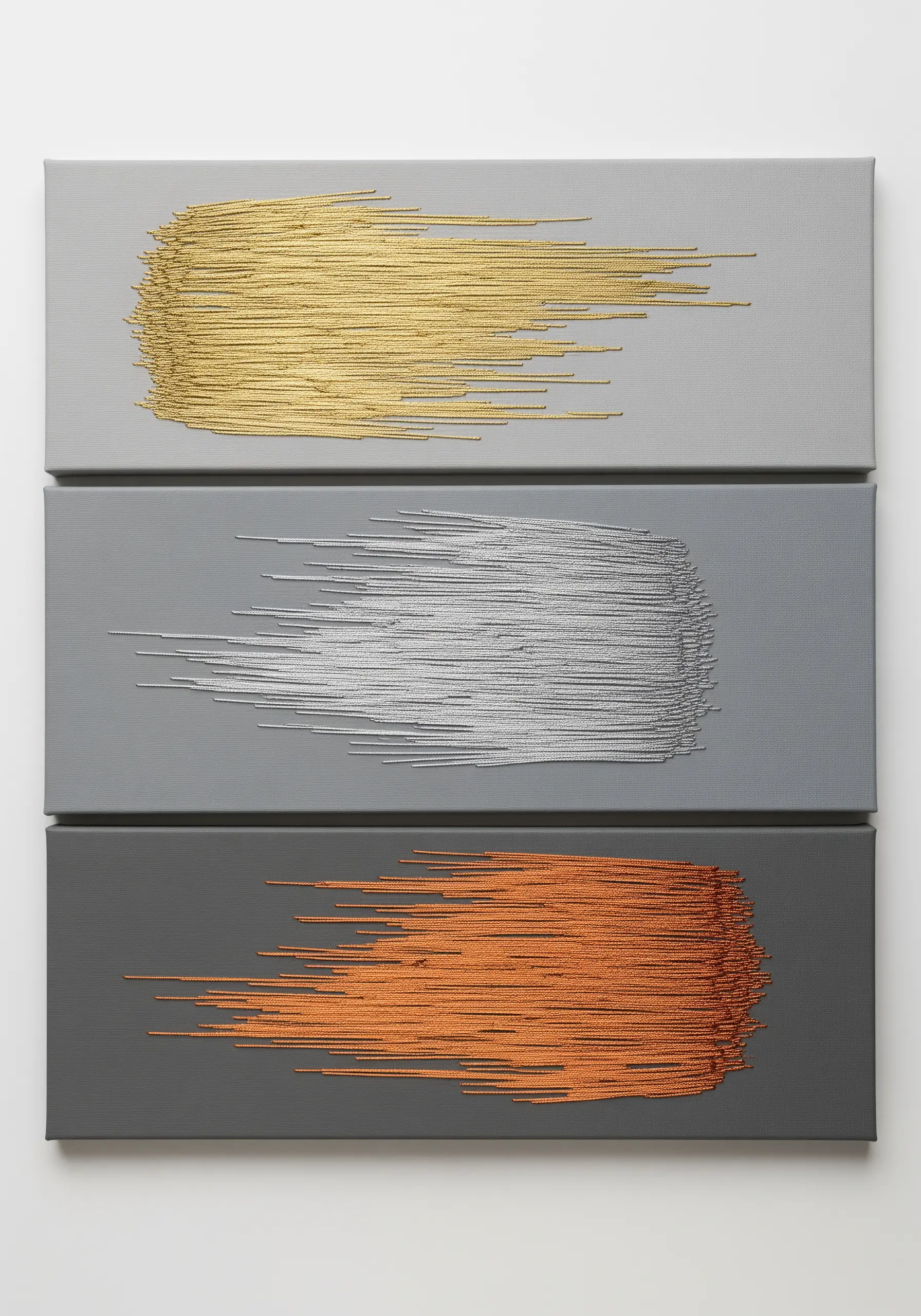 Three canvases, each with an abstract brushstroke created from metallic thread in gold, silver, and copper.