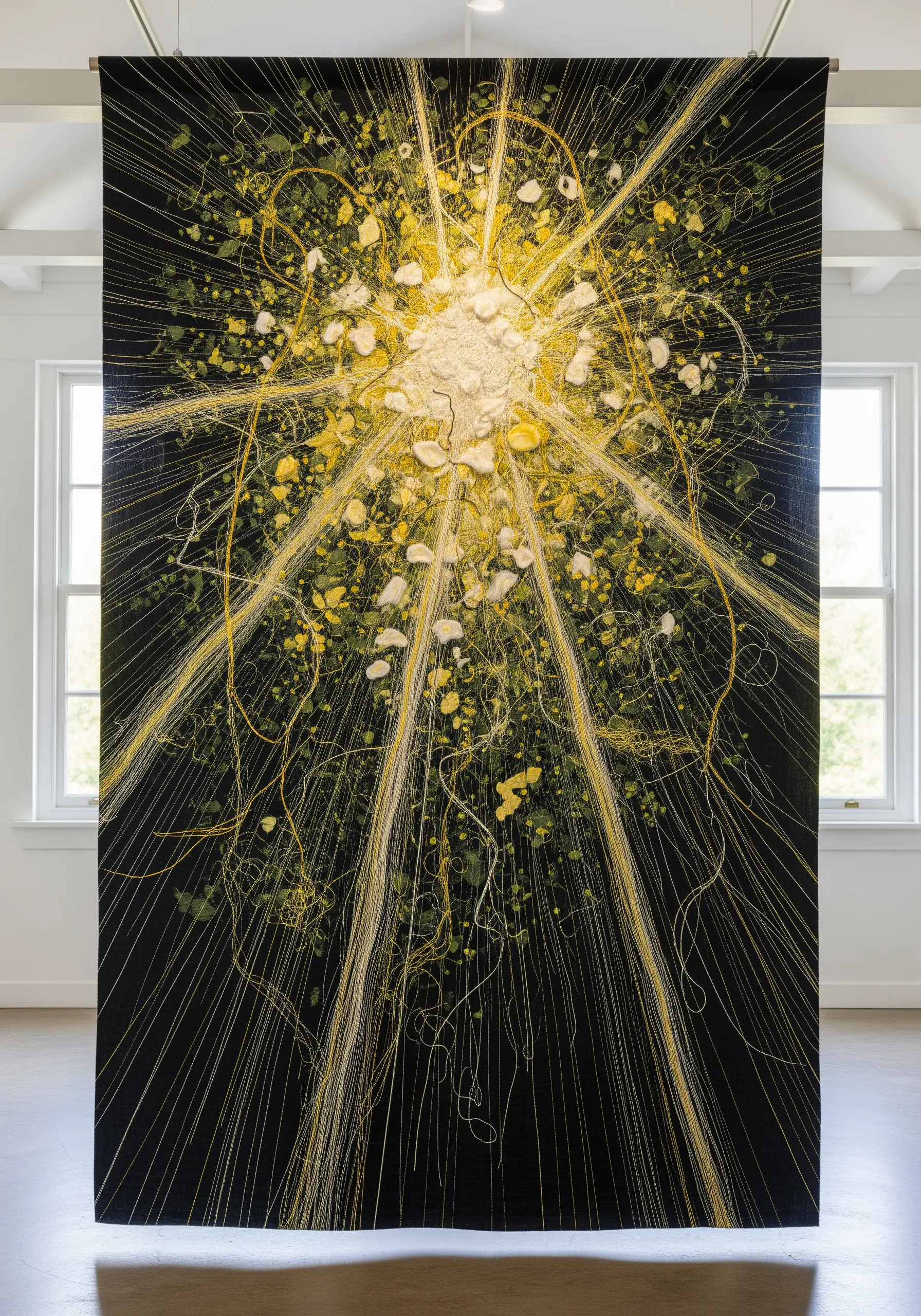 Large abstract textile art with yellow threads exploding from a central point.