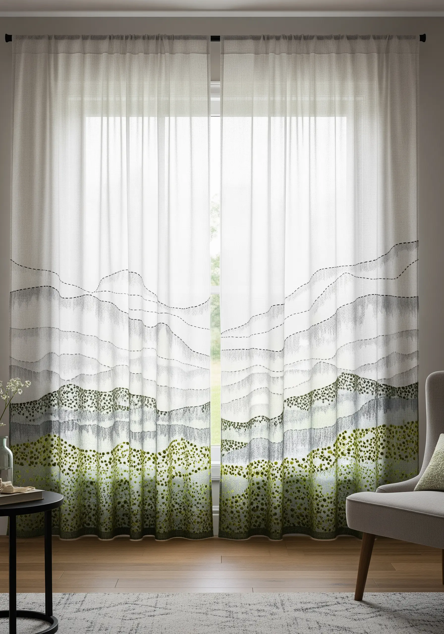 Abstract mountain landscape created with running stitch and seed stitch on sheer white curtains