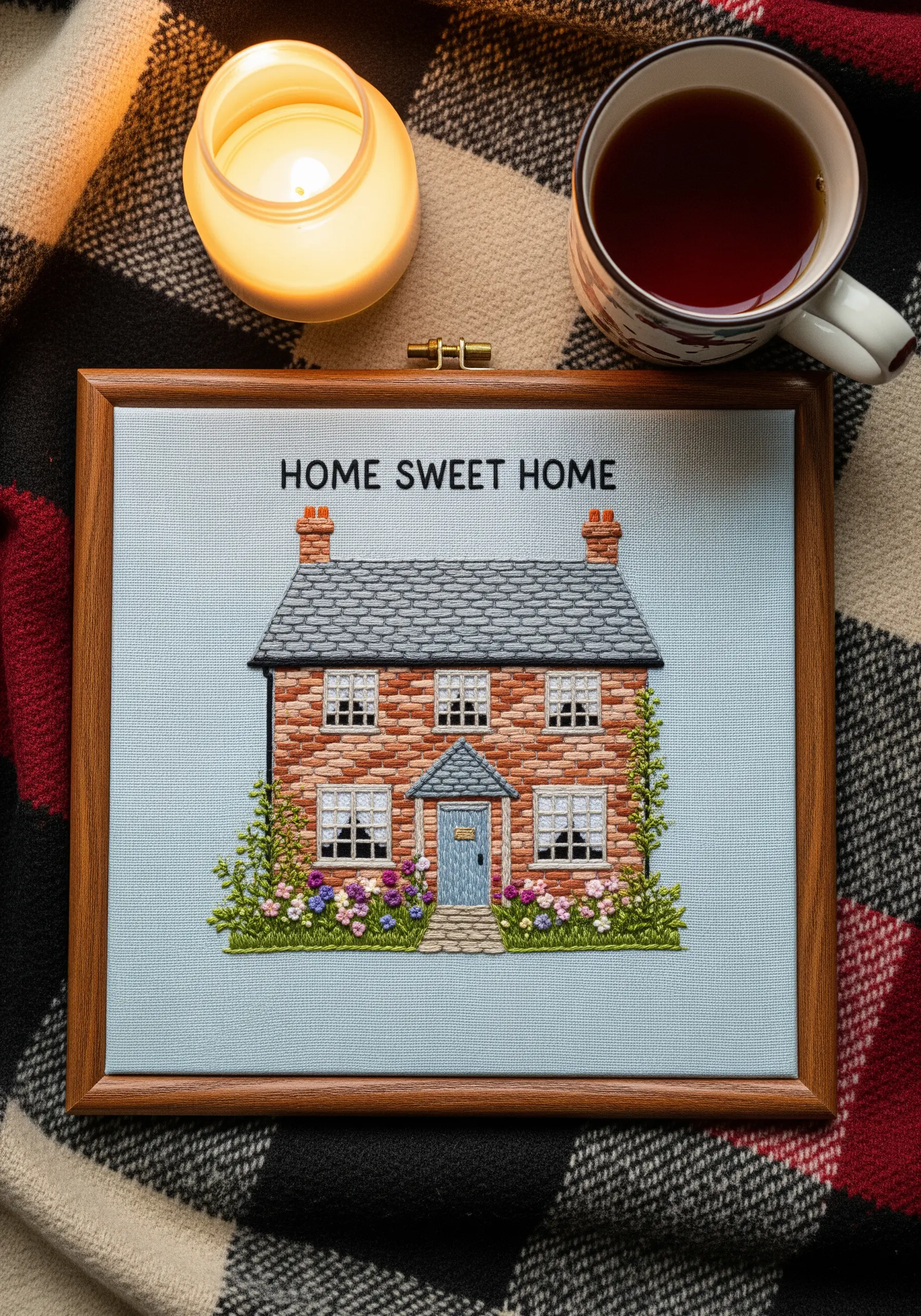A detailed embroidery of a brick house with a garden, framed squarely in a wooden frame.