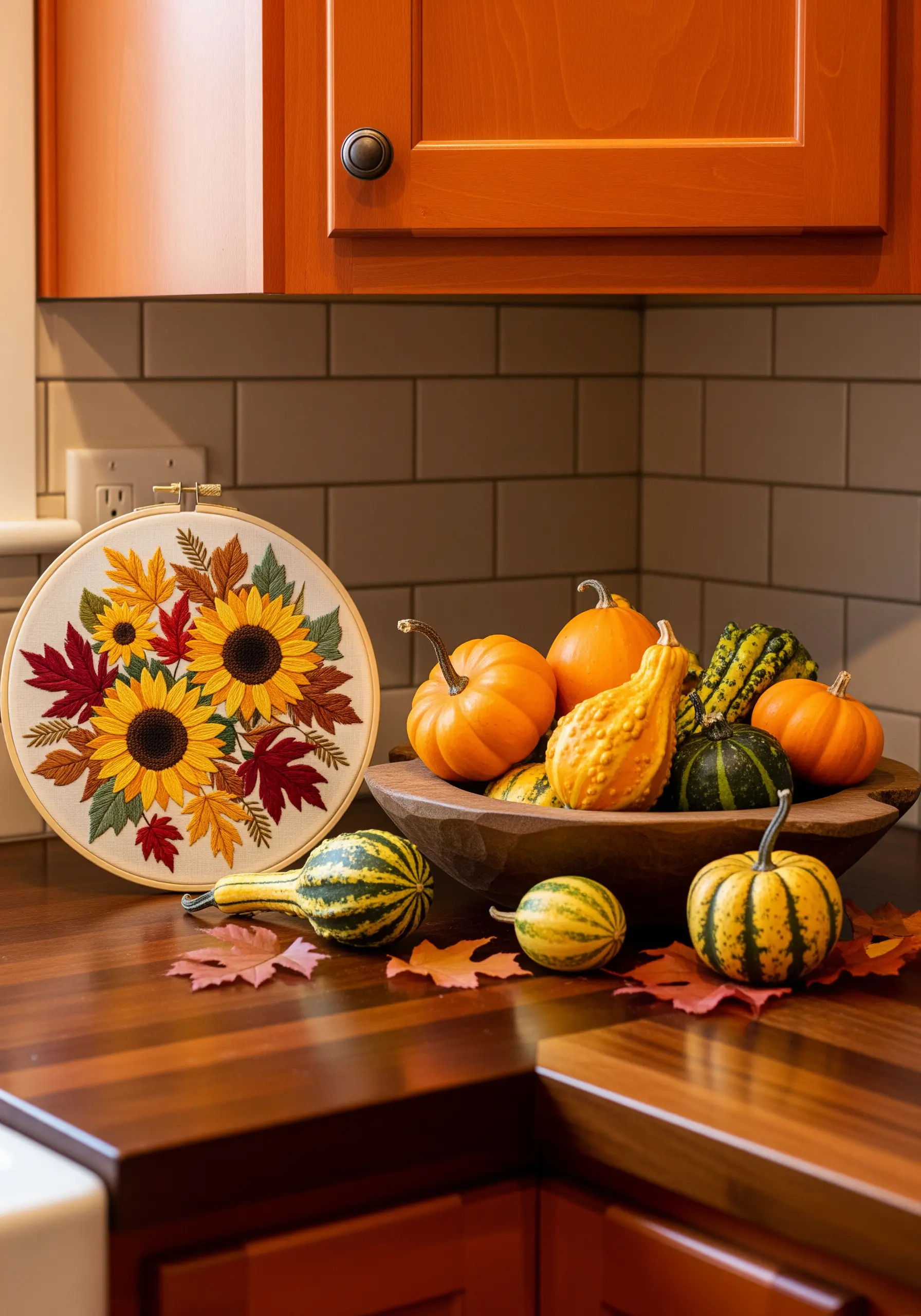 An embroidery hoop with sunflowers and autumn leaves next to a bowl of gourds.