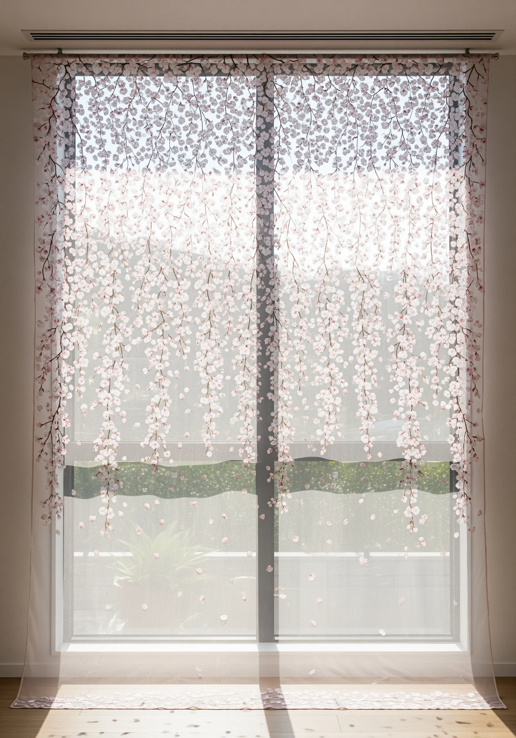 Sheer white curtains with delicately embroidered cascading cherry blossoms.