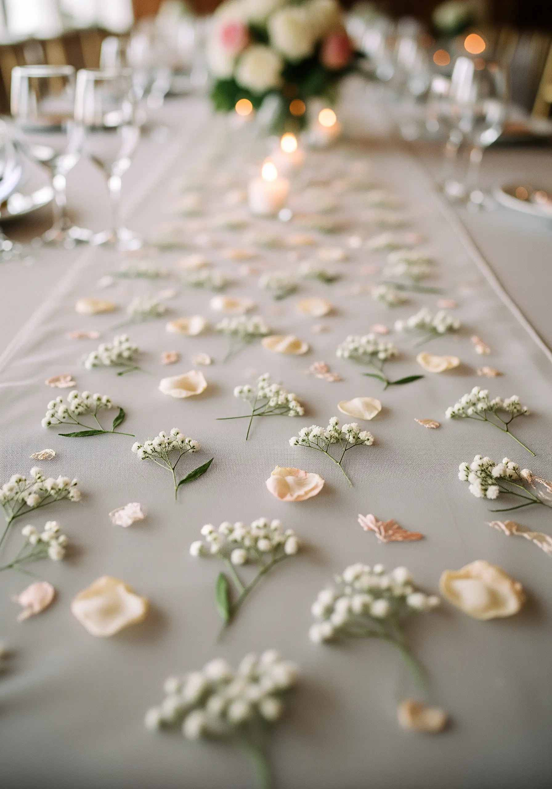 A sheer grey table runner scattered with embroidered baby's breath and loose fabric petals.