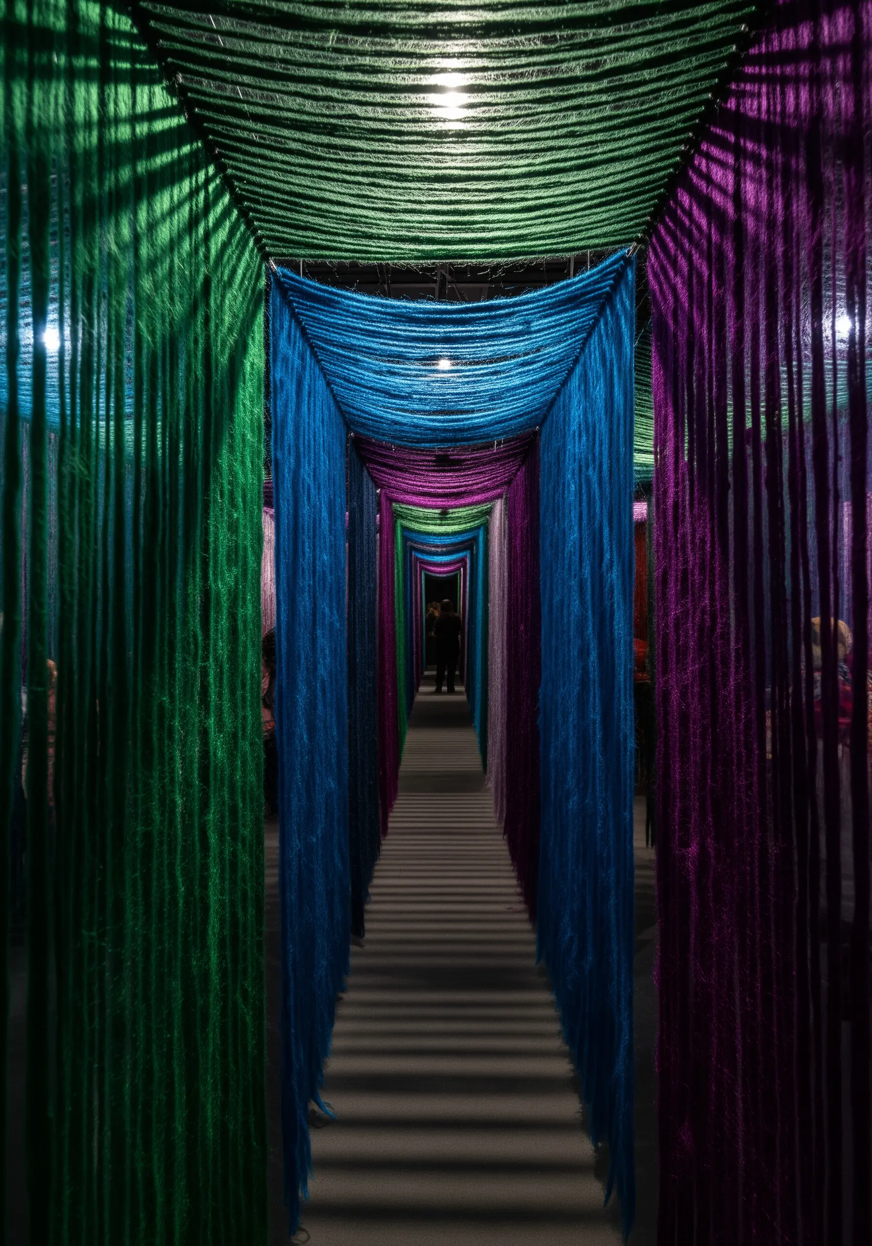 A long corridor lined with thick, shaggy curtains of yarn in deep green, blue, and purple.