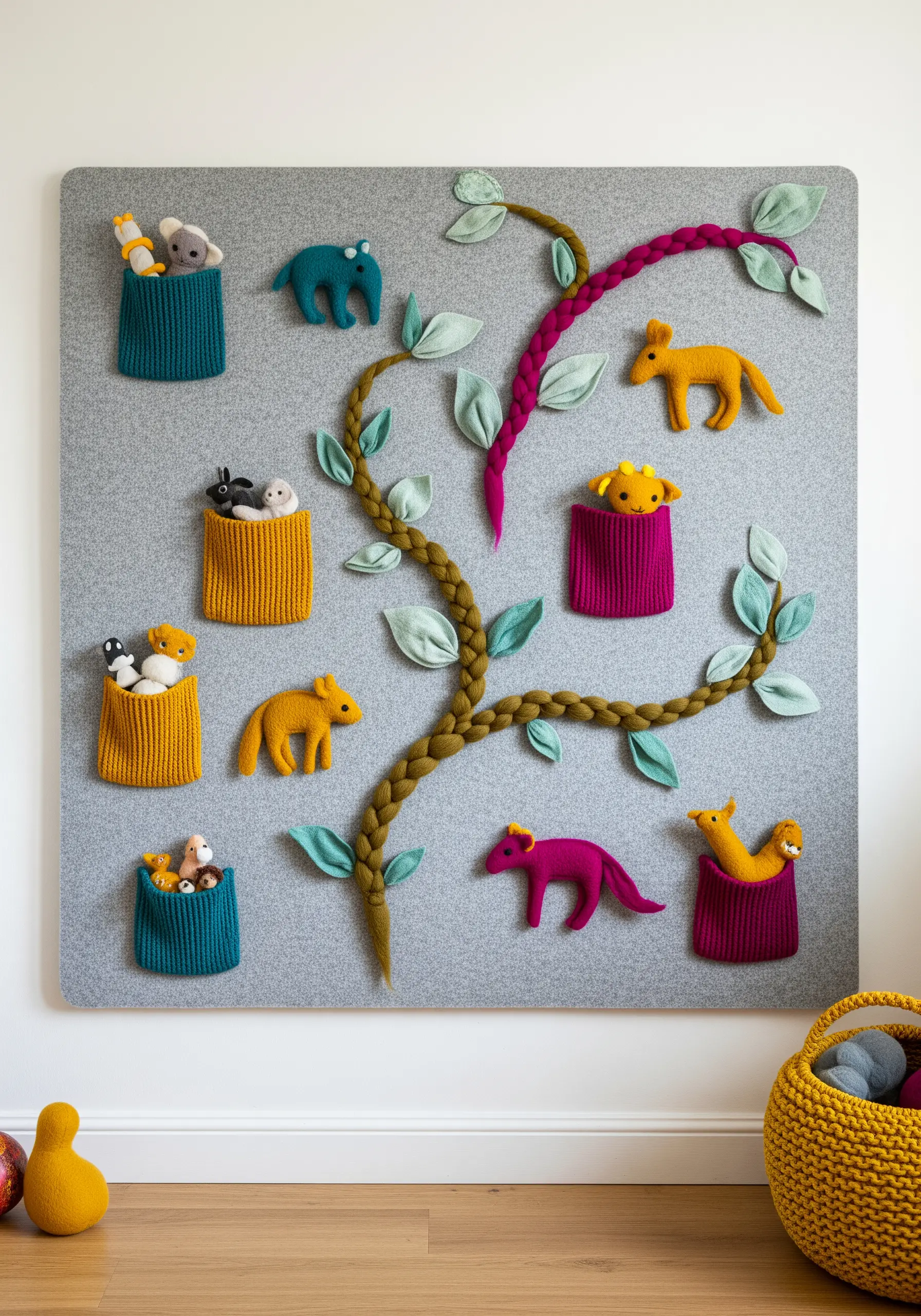 A grey felt wall organizer with knitted pockets and braided yarn vines, holding small stuffed animals.