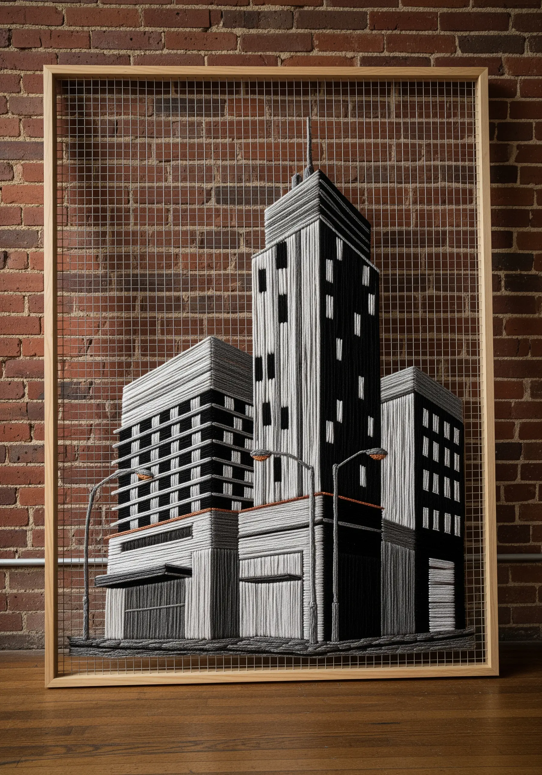 A large-scale string art piece depicting a monochrome architectural city scene.