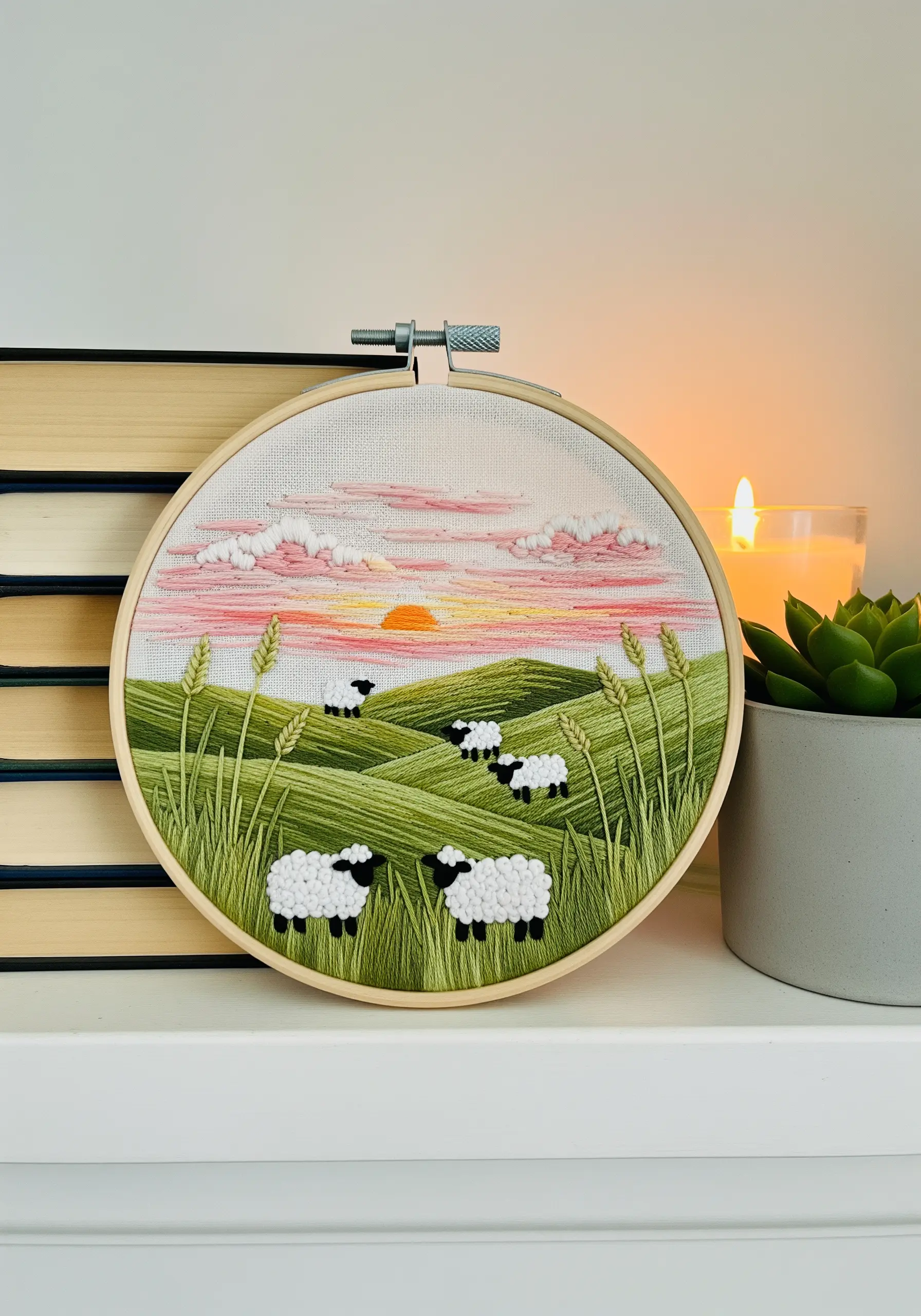 Embroidered landscape of rolling green hills with sheep under a pink and orange sunset