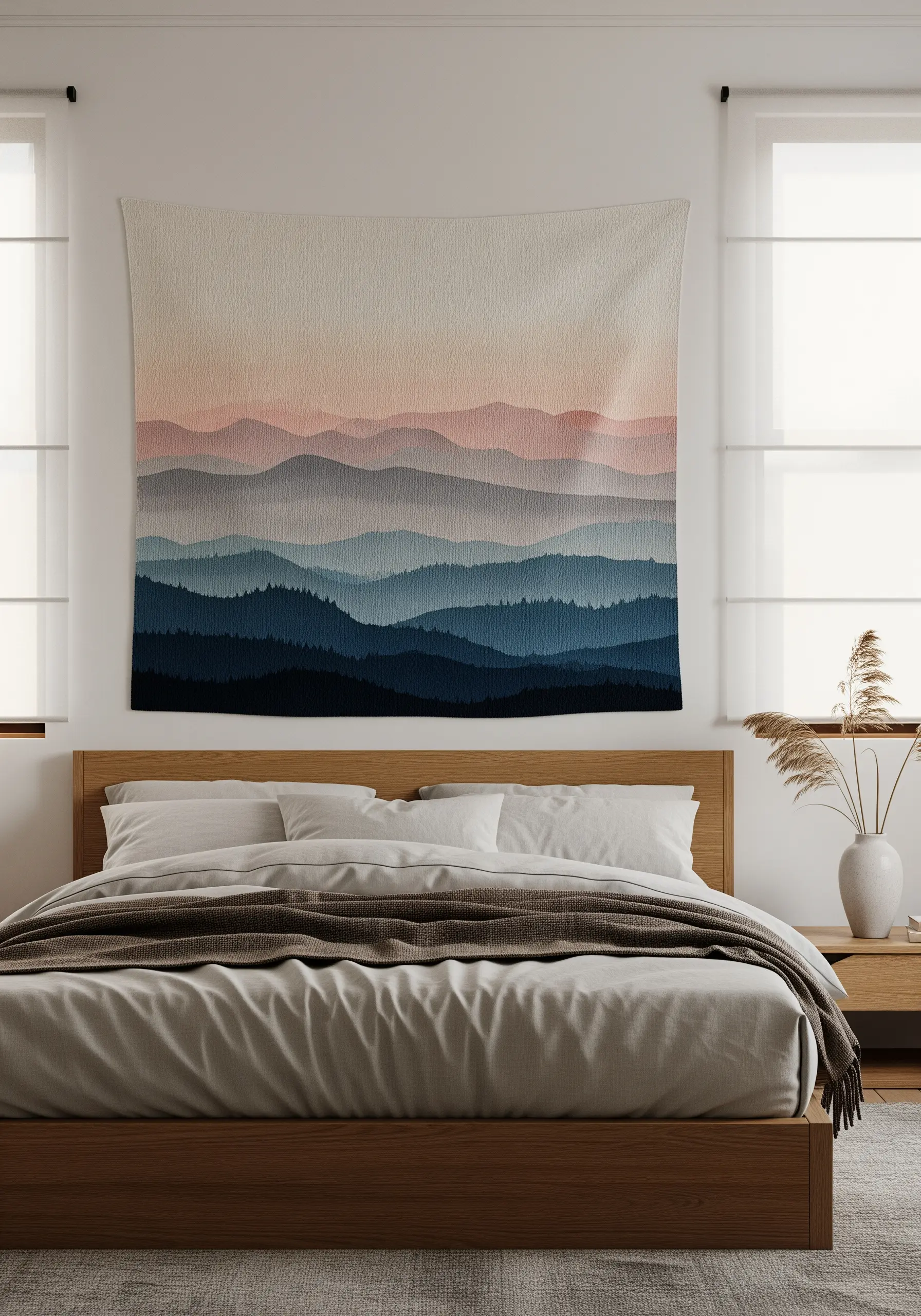 A large embroidered wall tapestry of layered mountains in a pink and blue gradient hangs over a bed.