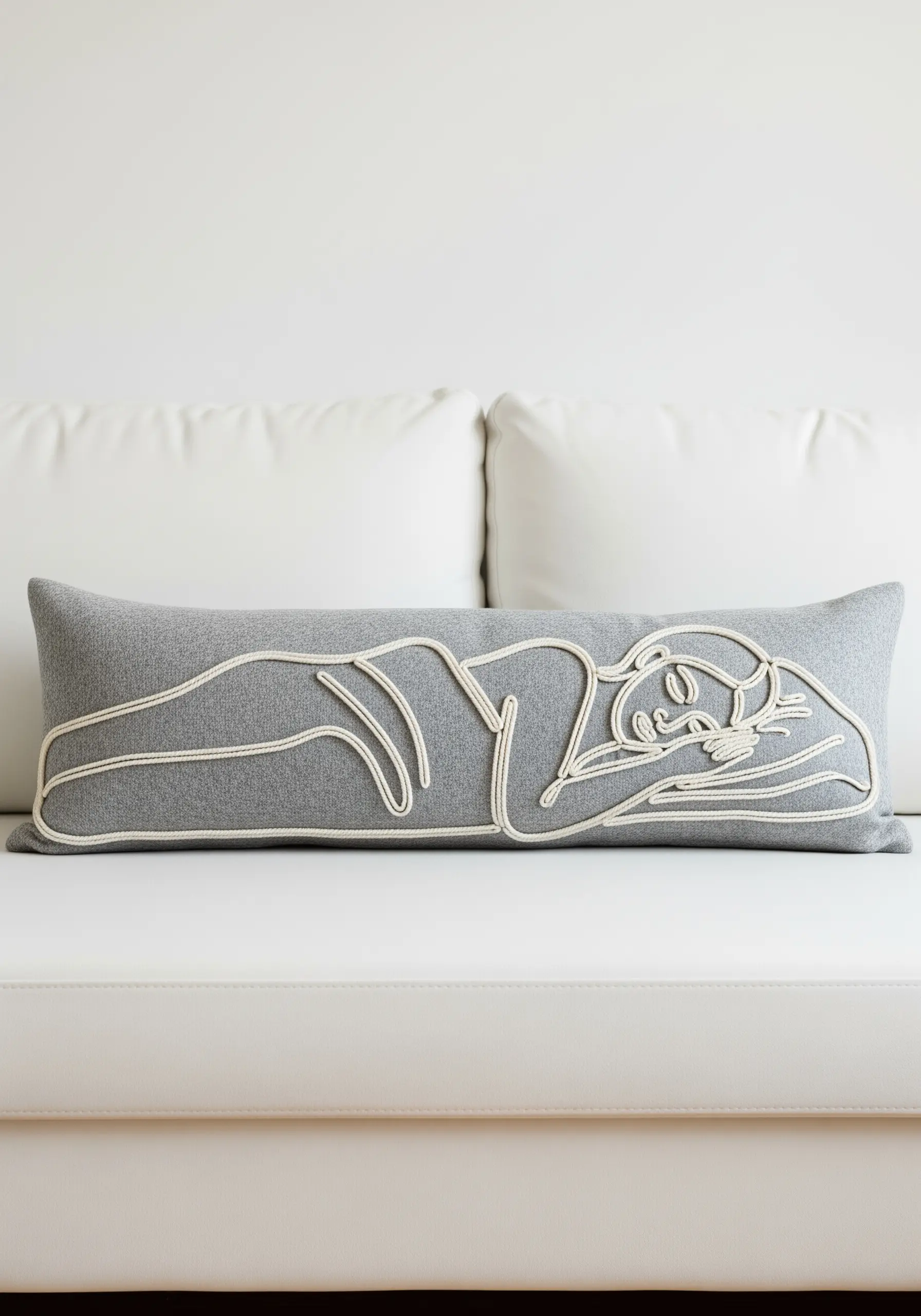 A reclining figure created with a single line of thick white cord on a grey pillow.