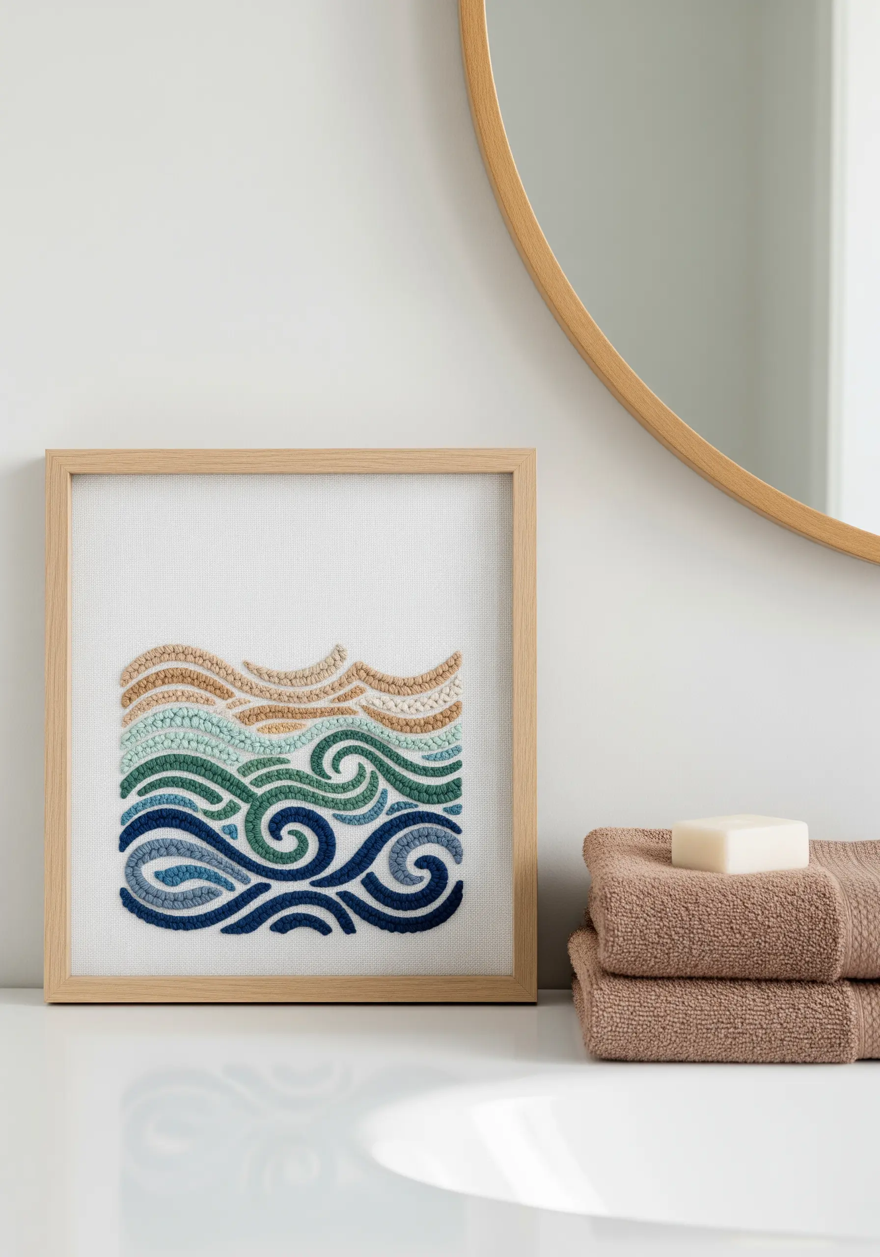 A framed piece of embroidery with stylized ocean waves in blues, greens, and sand tones.