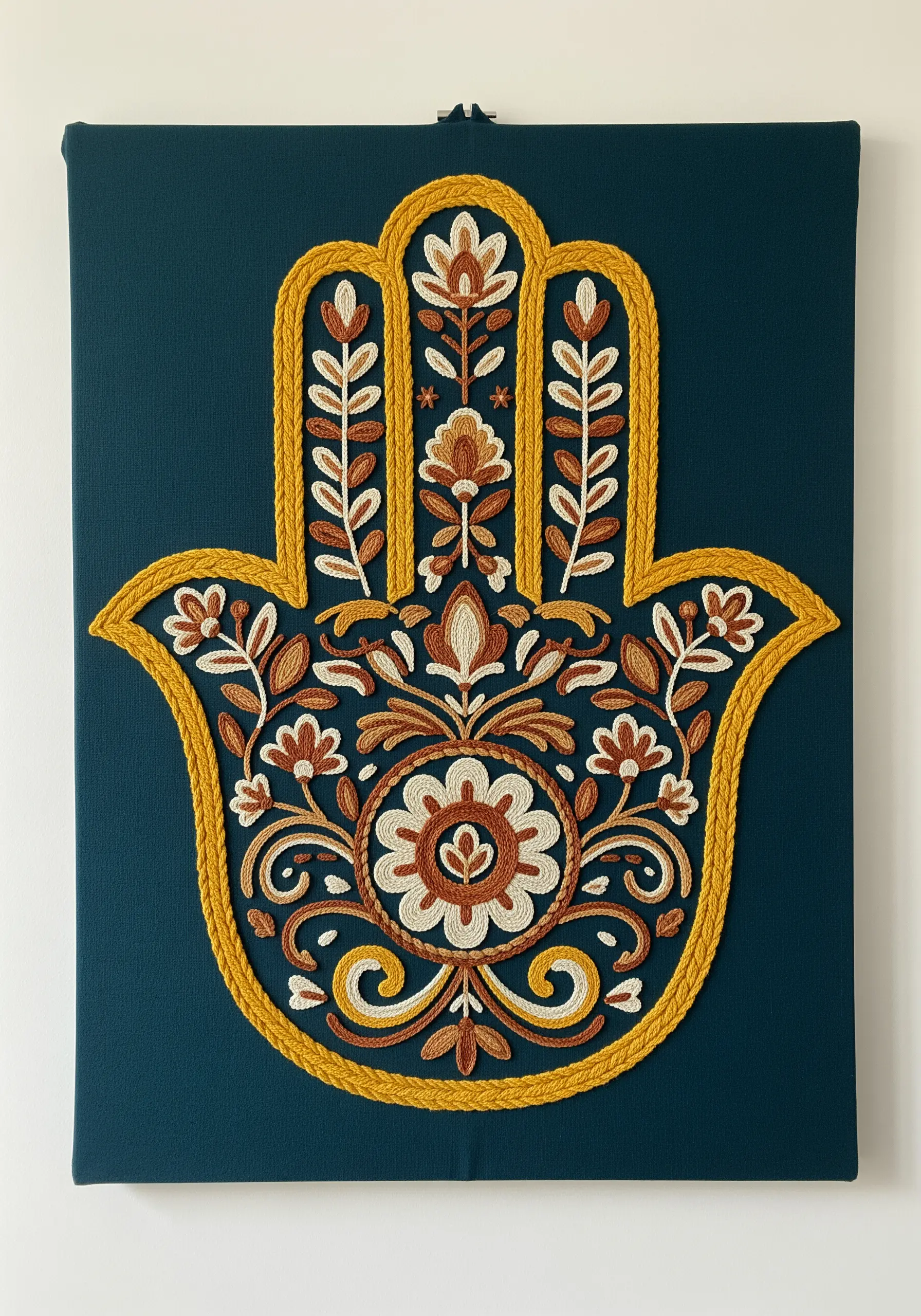 A Hamsa hand embroidered with intricate floral patterns and a thick, couched golden outline.