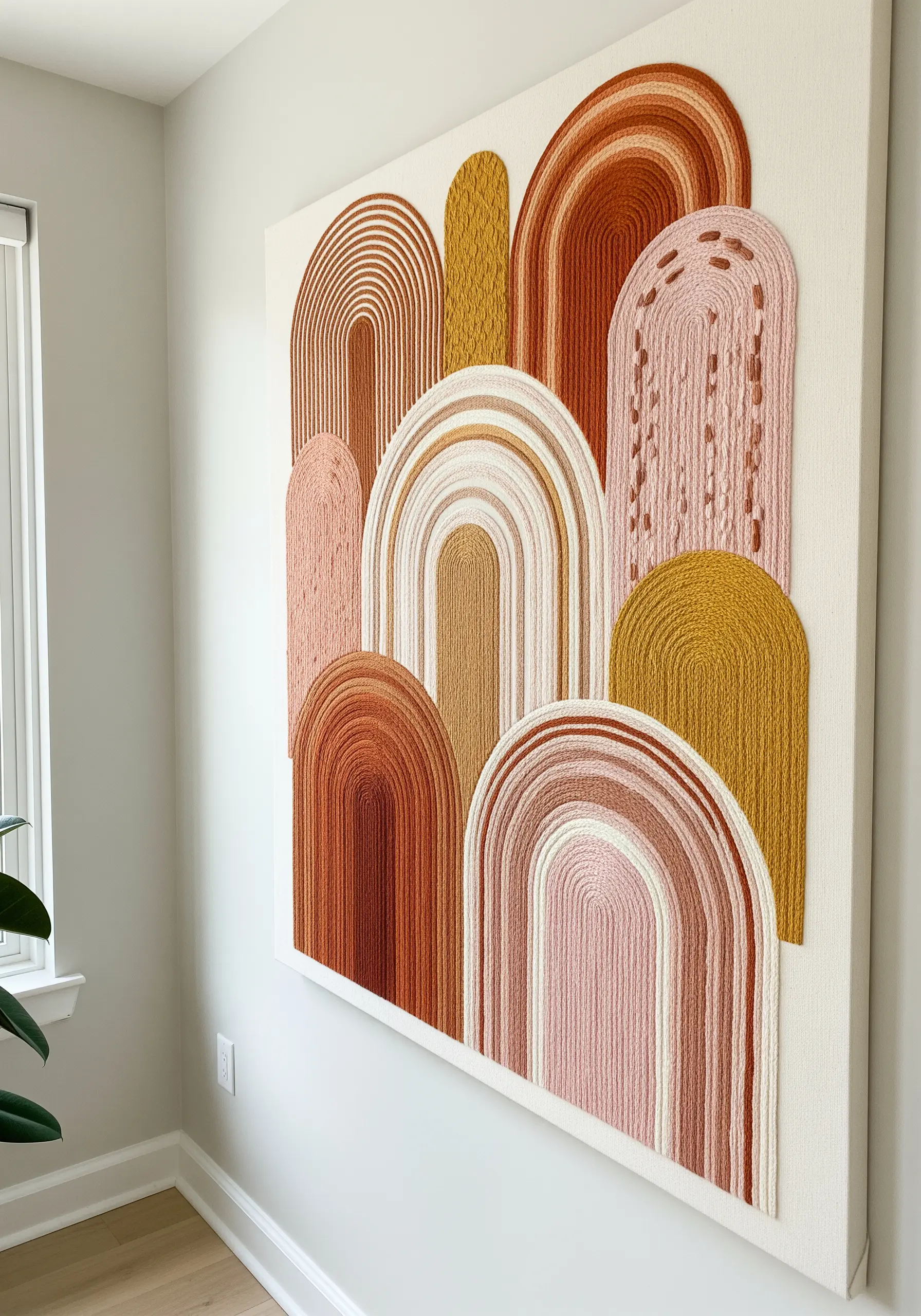 Large canvas wall art with abstract arched shapes filled with couched yarn in warm tones.