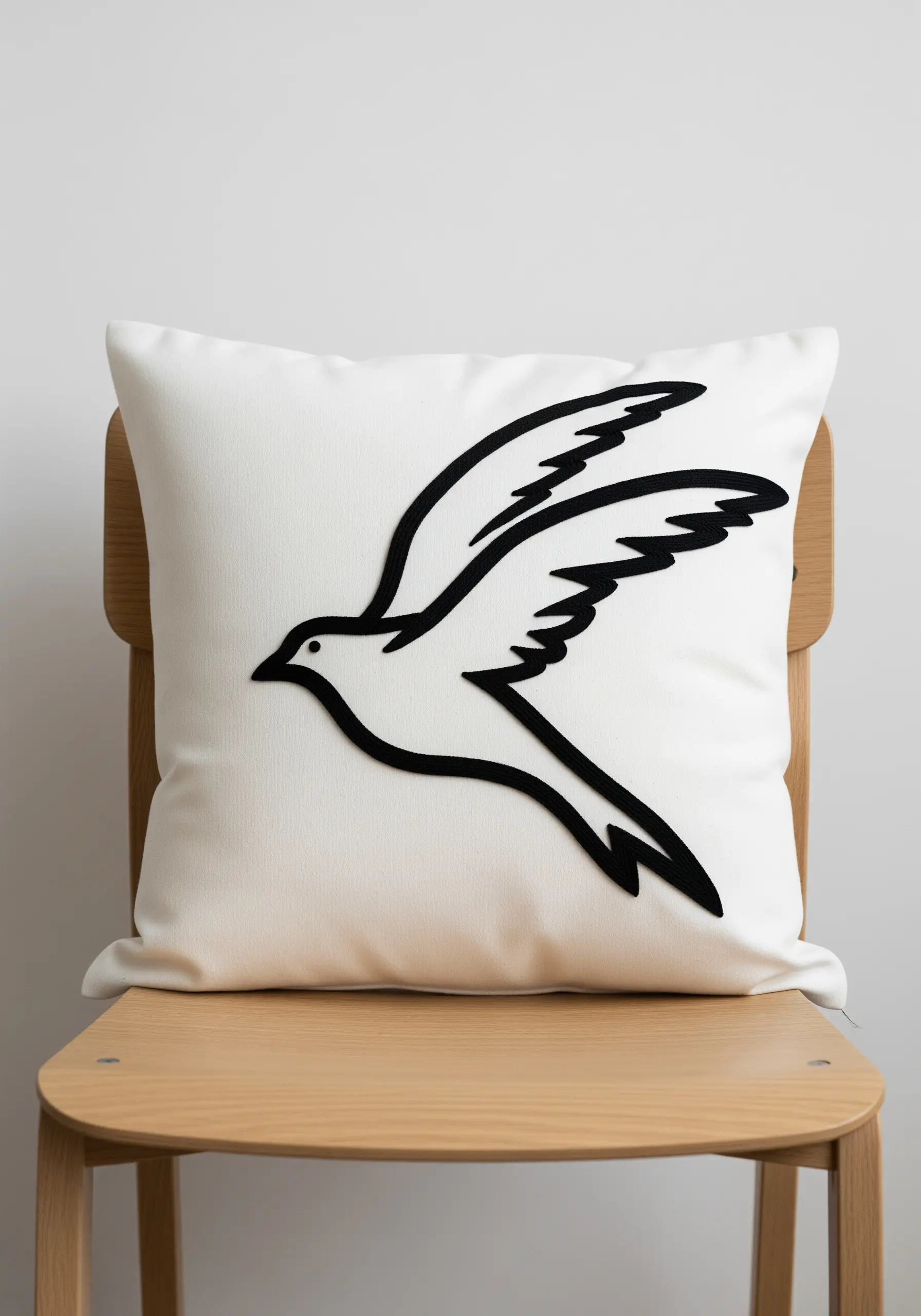 A bold, solid black silhouette of a bird in flight on a plain white cushion.