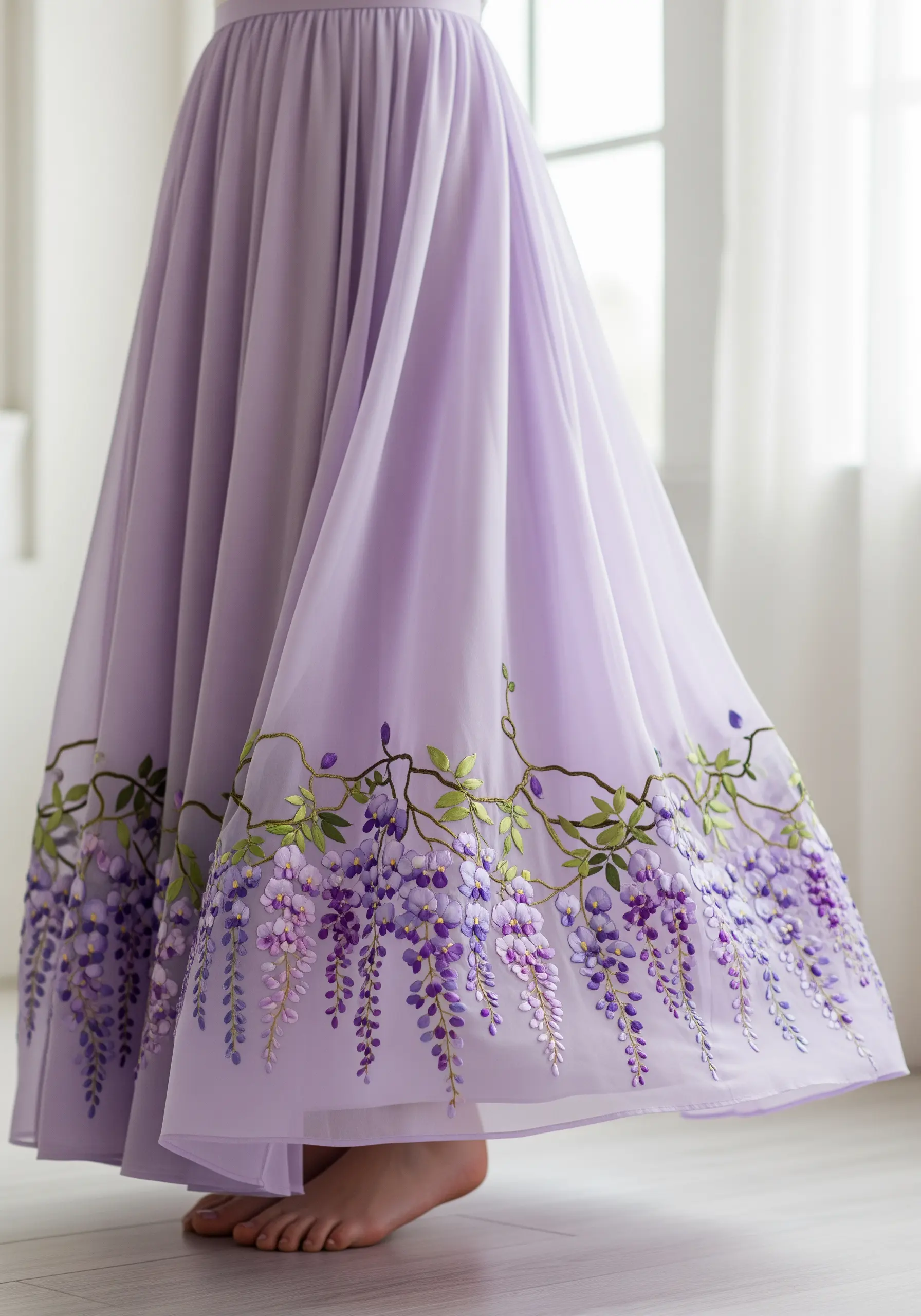 Cascading purple wisteria flowers embroidered on the hem of a lavender chiffon skirt