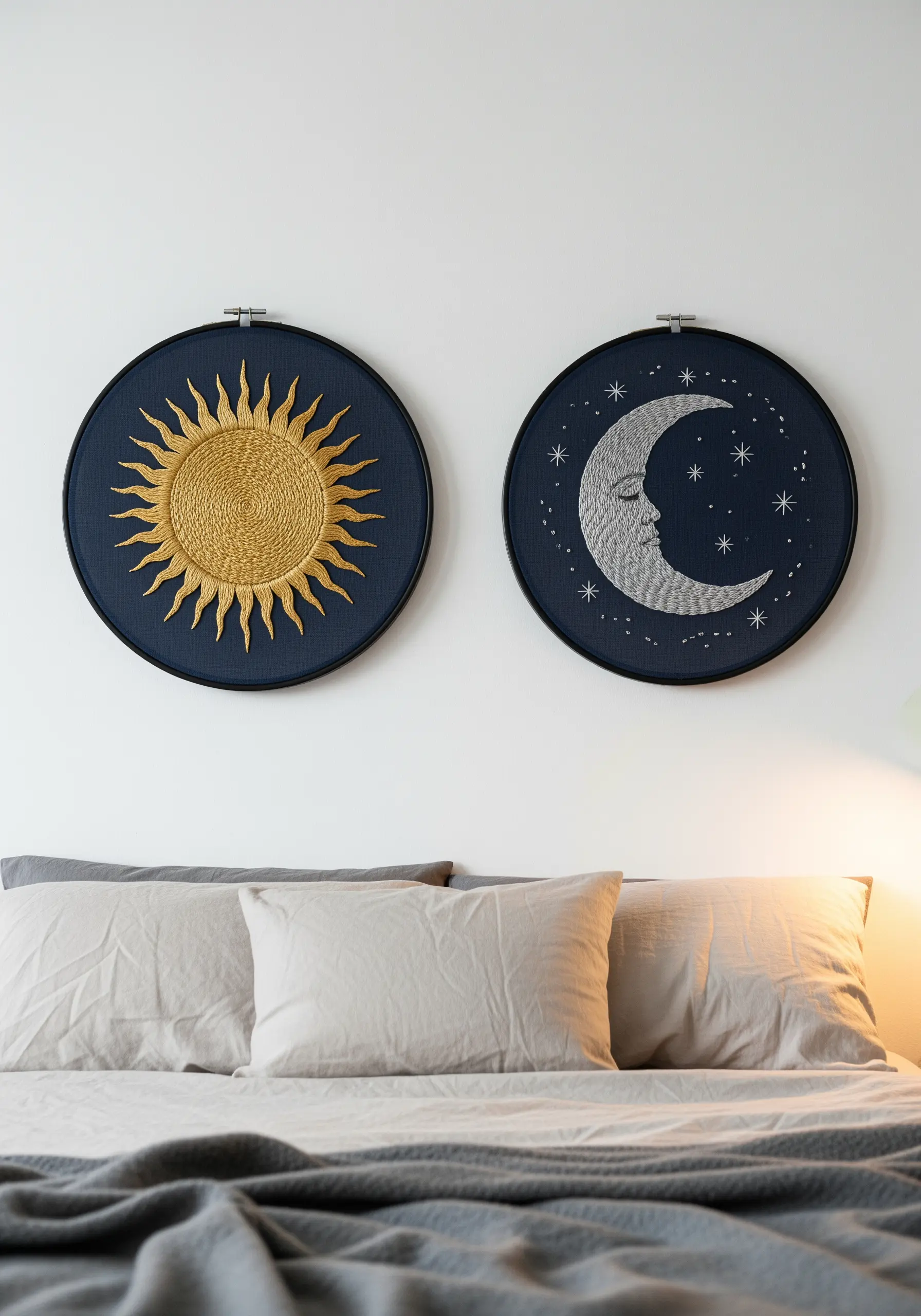 Two embroidery hoops on a dark navy fabric, one of a golden sun, the other a silver moon.