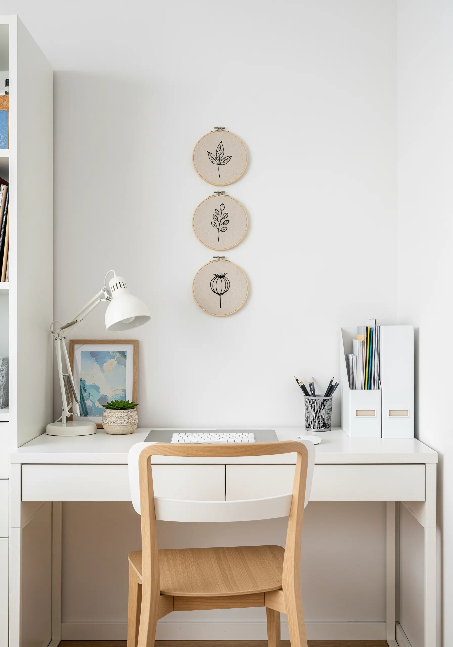 A vertical arrangement of three embroidery hoops, each with a simple black line-art botanical motif.