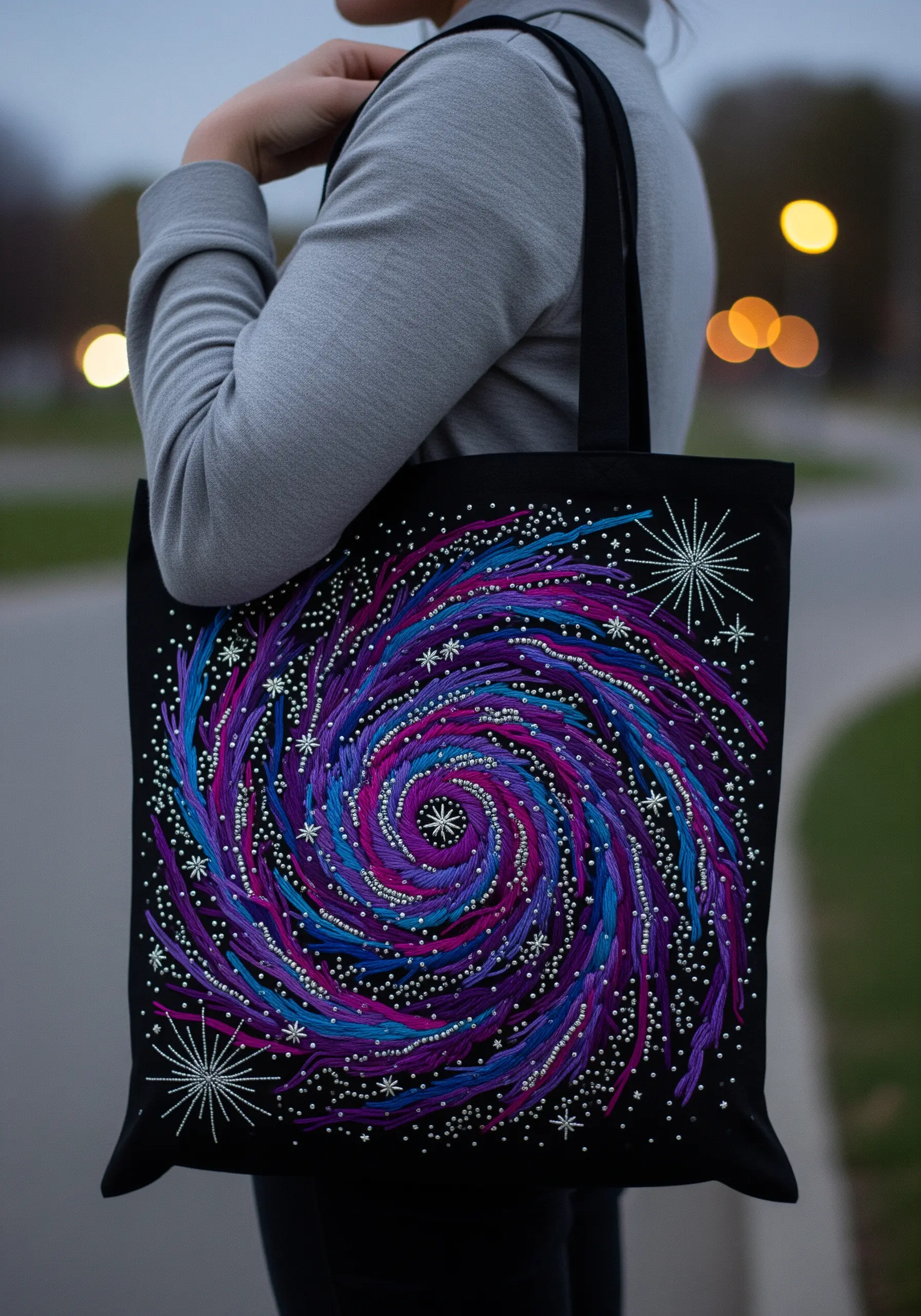 A swirling galaxy of purple and blue embroidered with ribbons and beads on a black tote