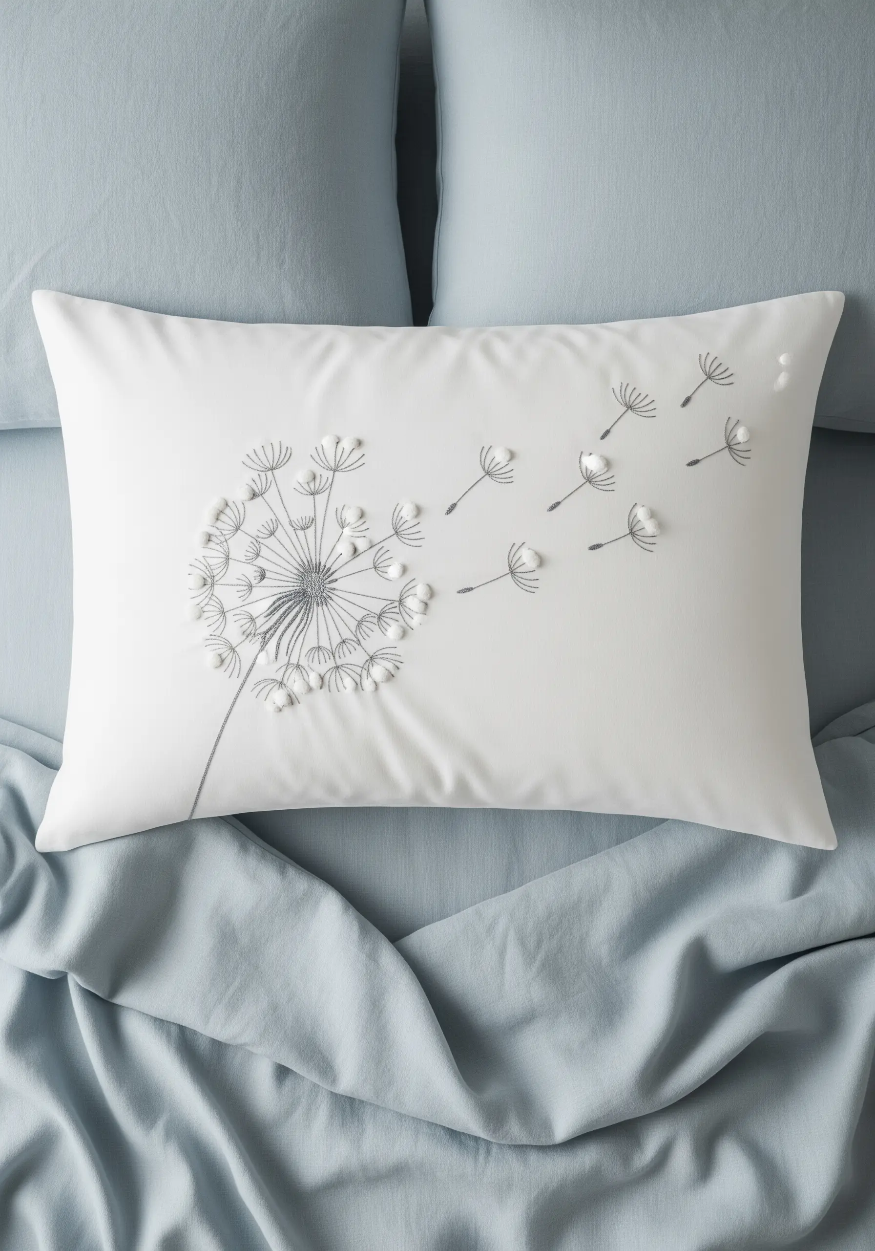 A white pillow with a delicate embroidered dandelion and seeds accented with white beads.
