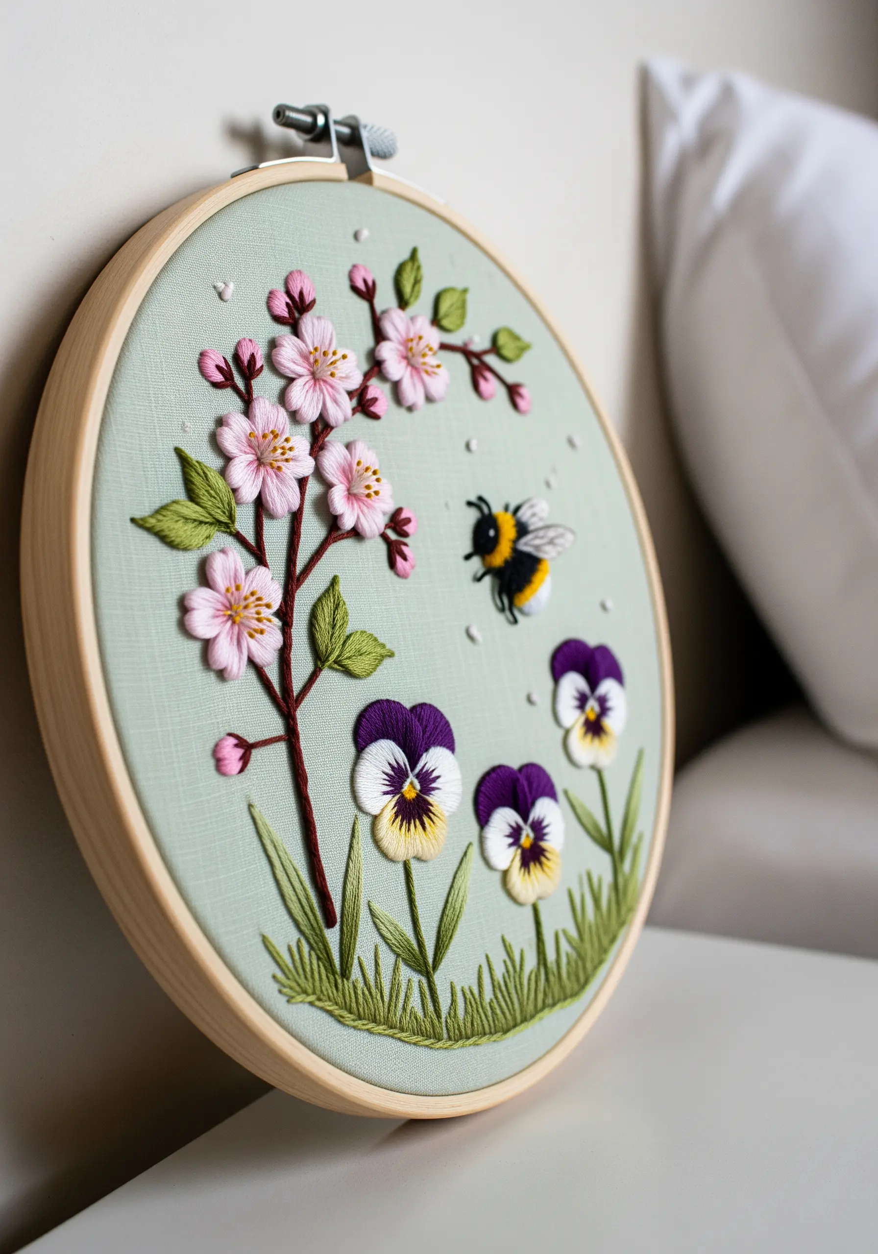 Embroidery hoop with delicate cherry blossoms and a fuzzy, dimensional bumblebee.