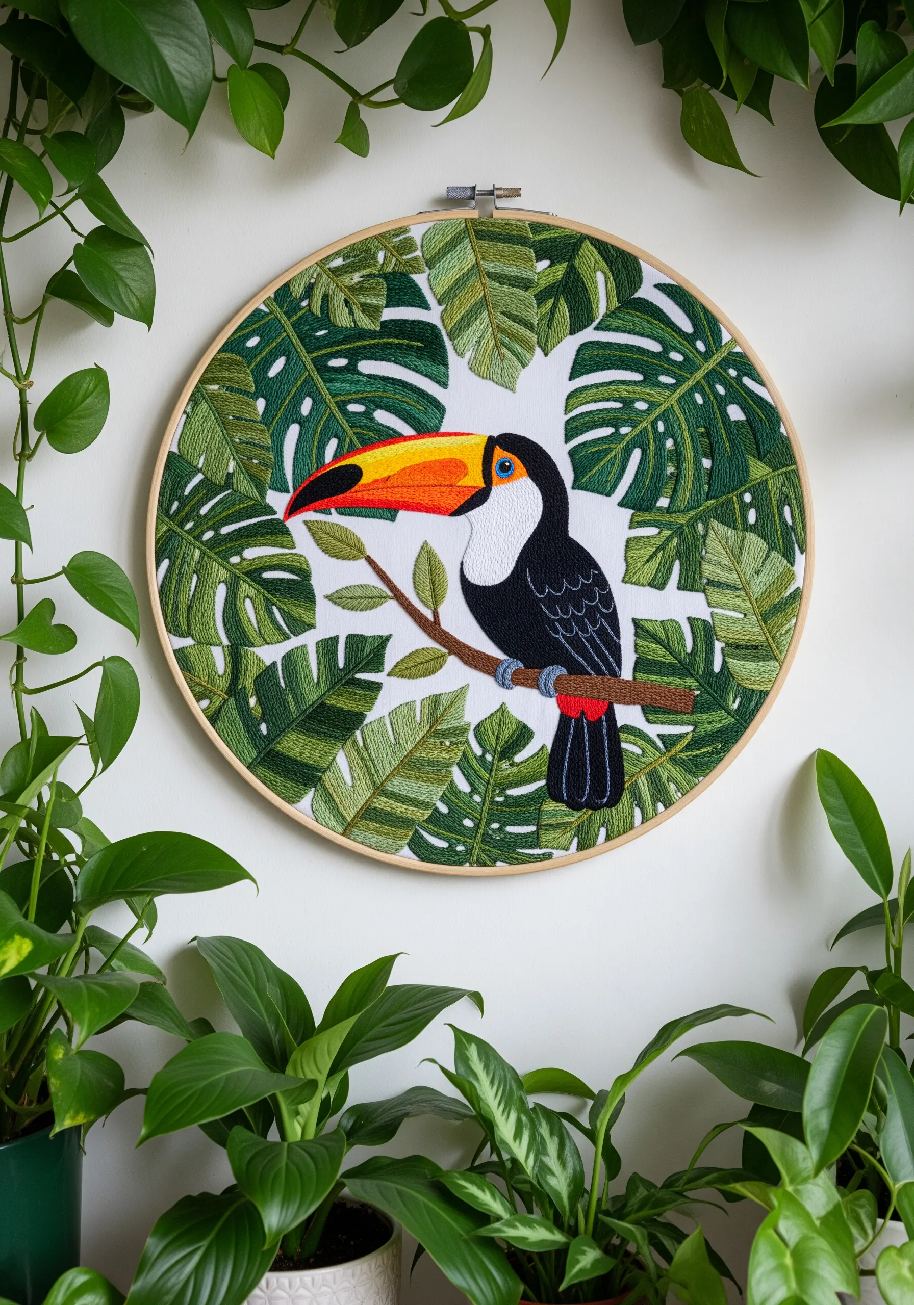 An embroidery hoop featuring a colorful toucan surrounded by a dense background of green leaves.