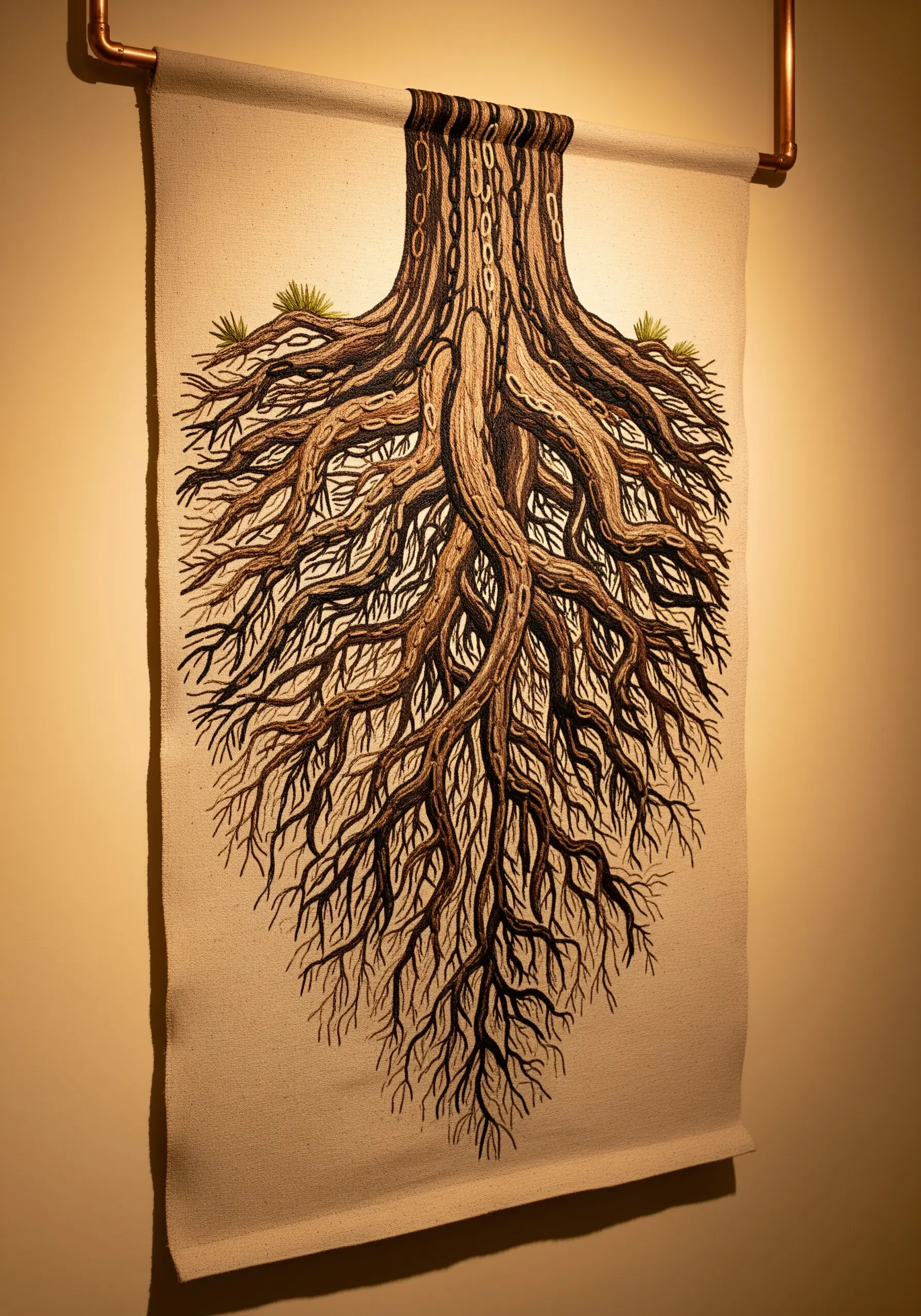 Detailed embroidery of a tree's root system on a fabric wall hanging.