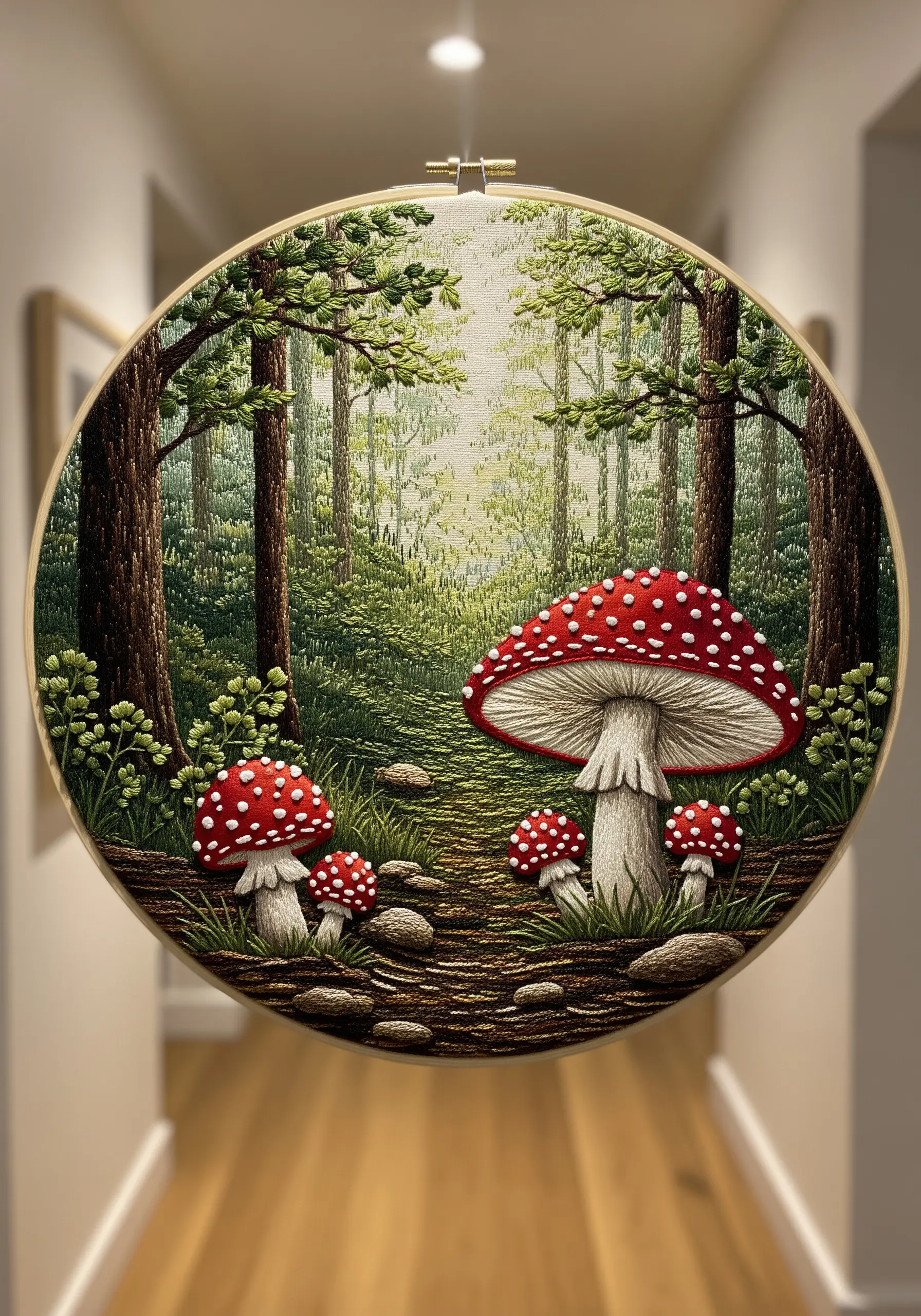 Detailed embroidery hoop of a forest scene with large red mushrooms in the foreground.