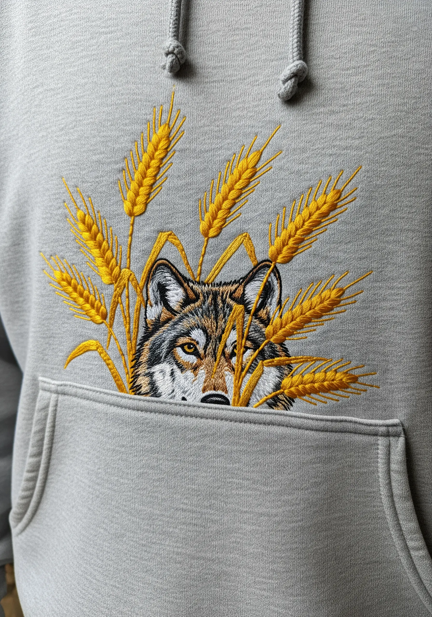 An embroidered wolf peeking through golden wheat stalks on a grey hoodie.