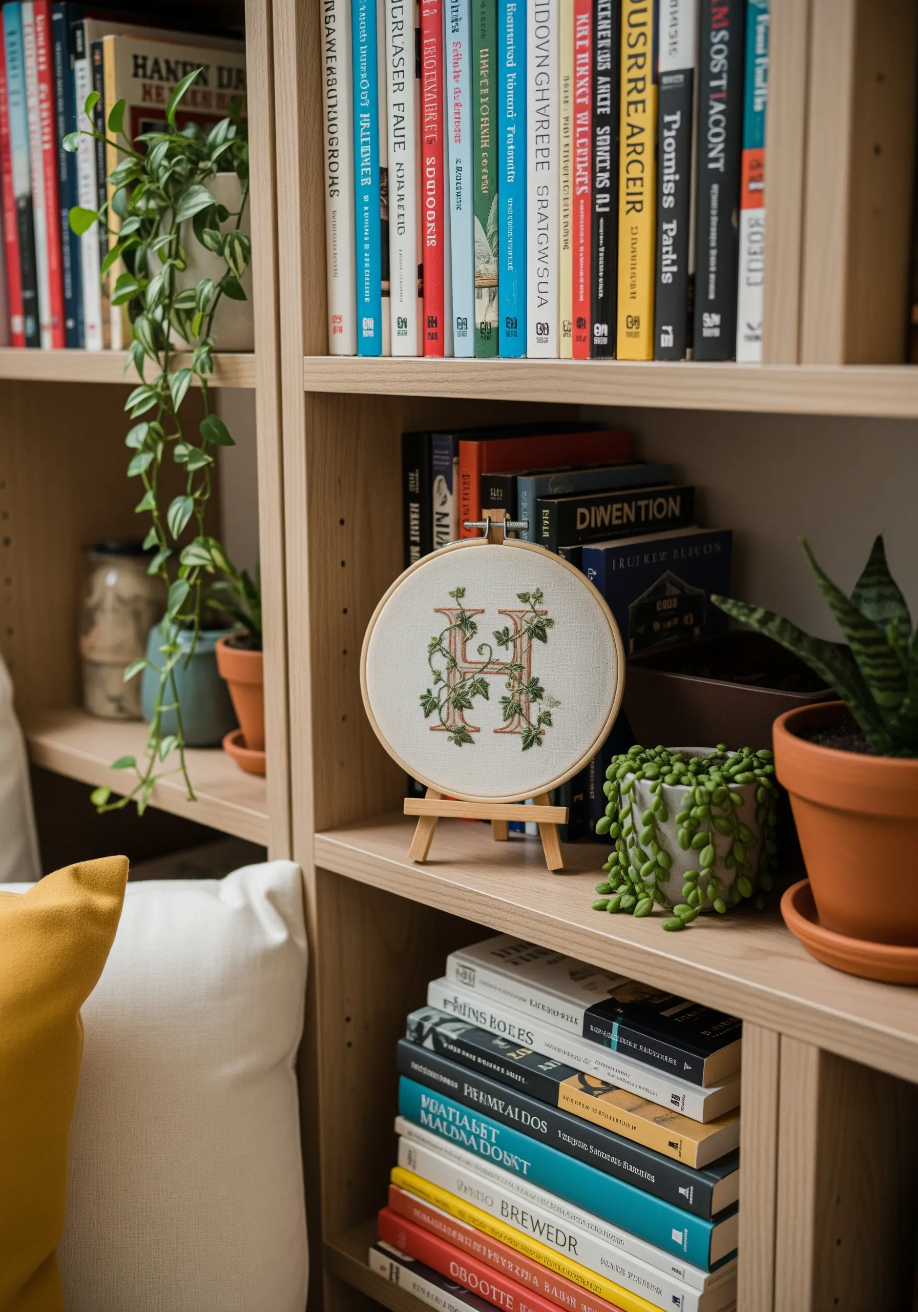 A detailed embroidered monogram 'H' with interwoven vines displayed on a bookshelf easel.