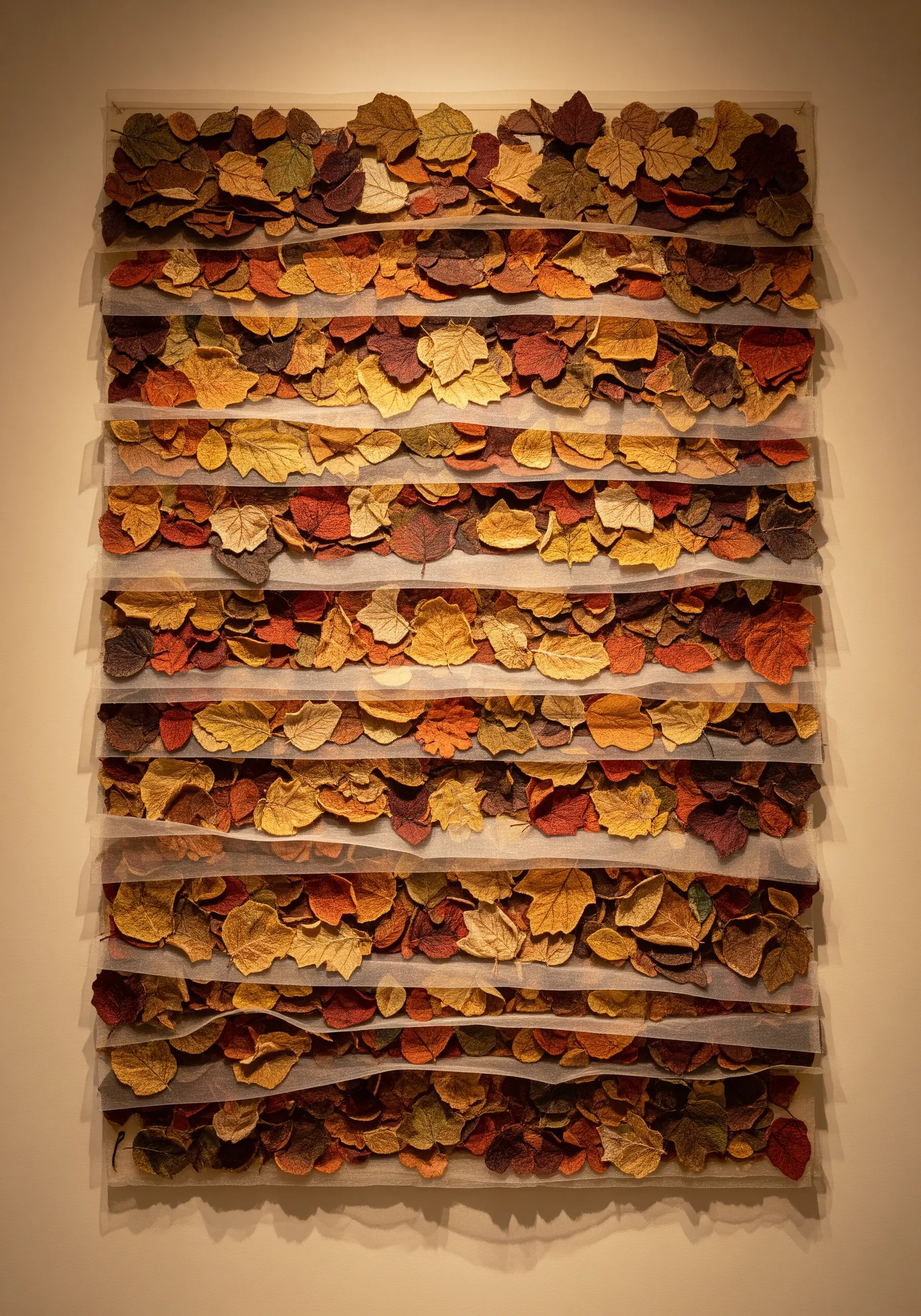 A wall art piece made of embroidered autumn leaves layered between translucent fabric panels.