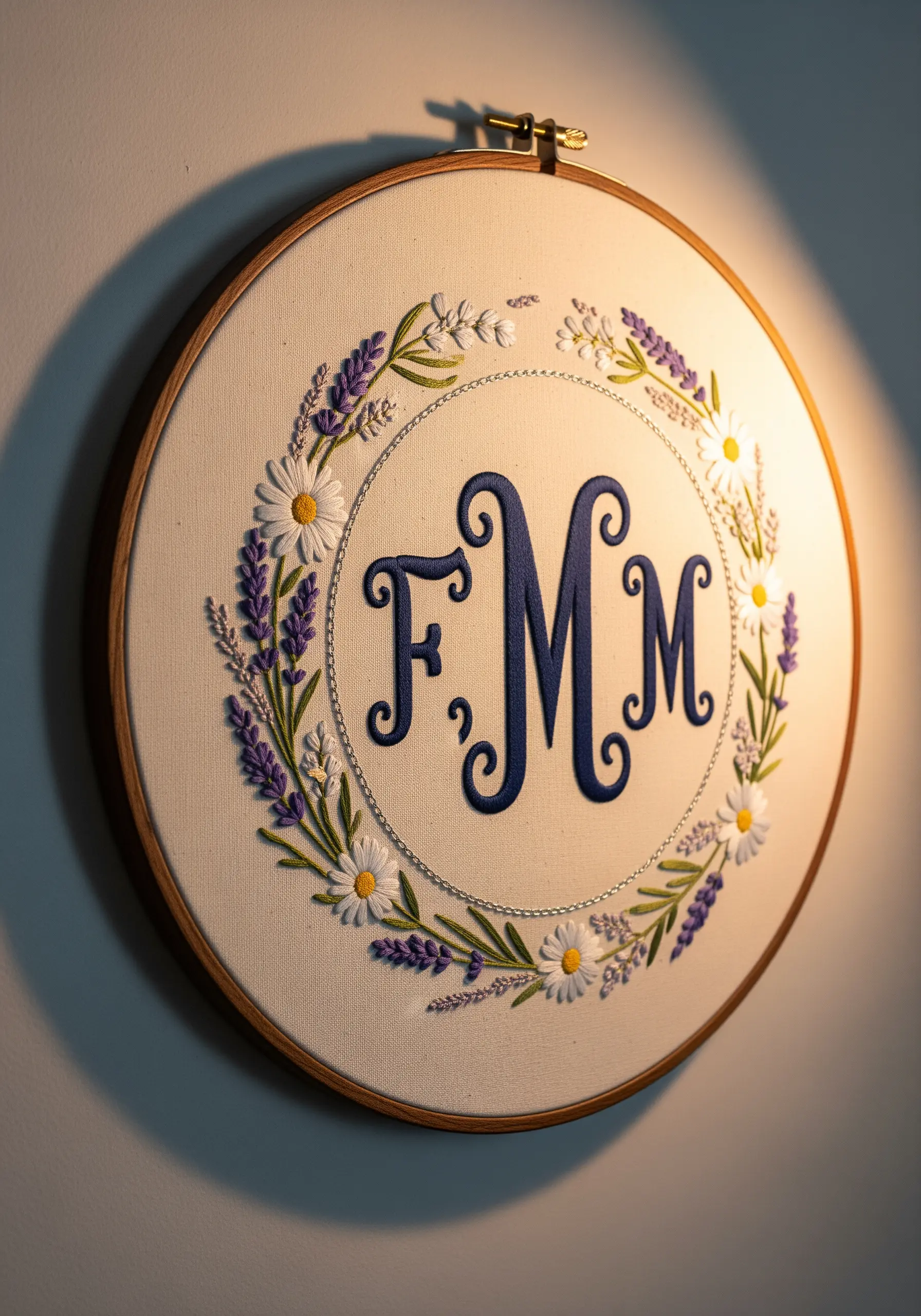 A raised FMM monogram in dark blue thread, framed by a wreath of lavender and daisies.