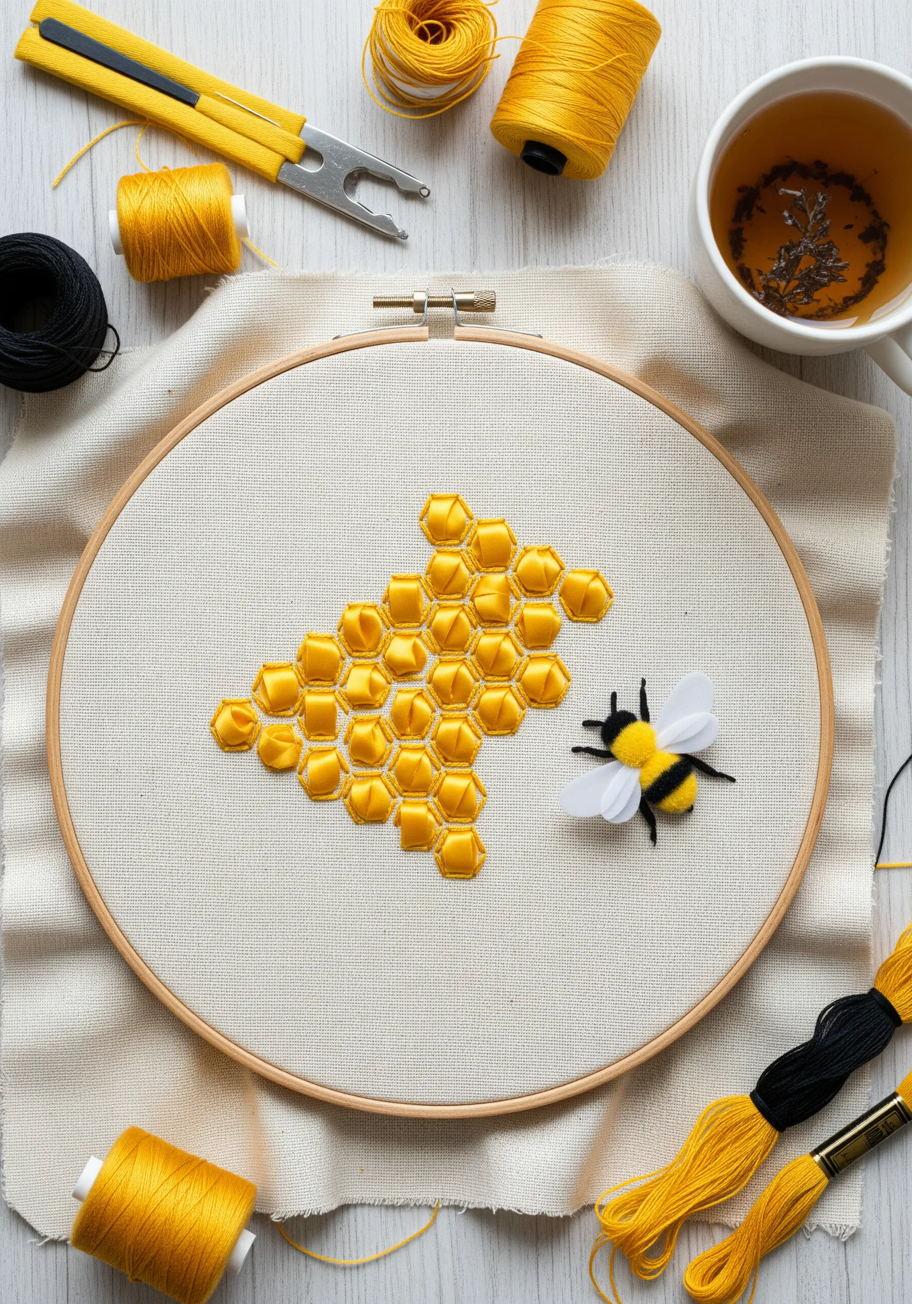 Embroidery hoop showing a dimensional honeycomb and a fluffy bee with sheer wings.