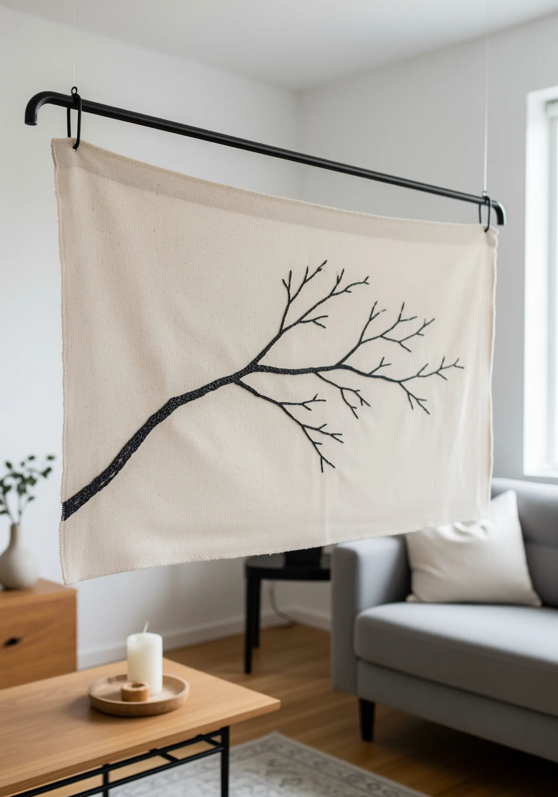 A single tree branch silhouette embroidered in black on a cream fabric panel.