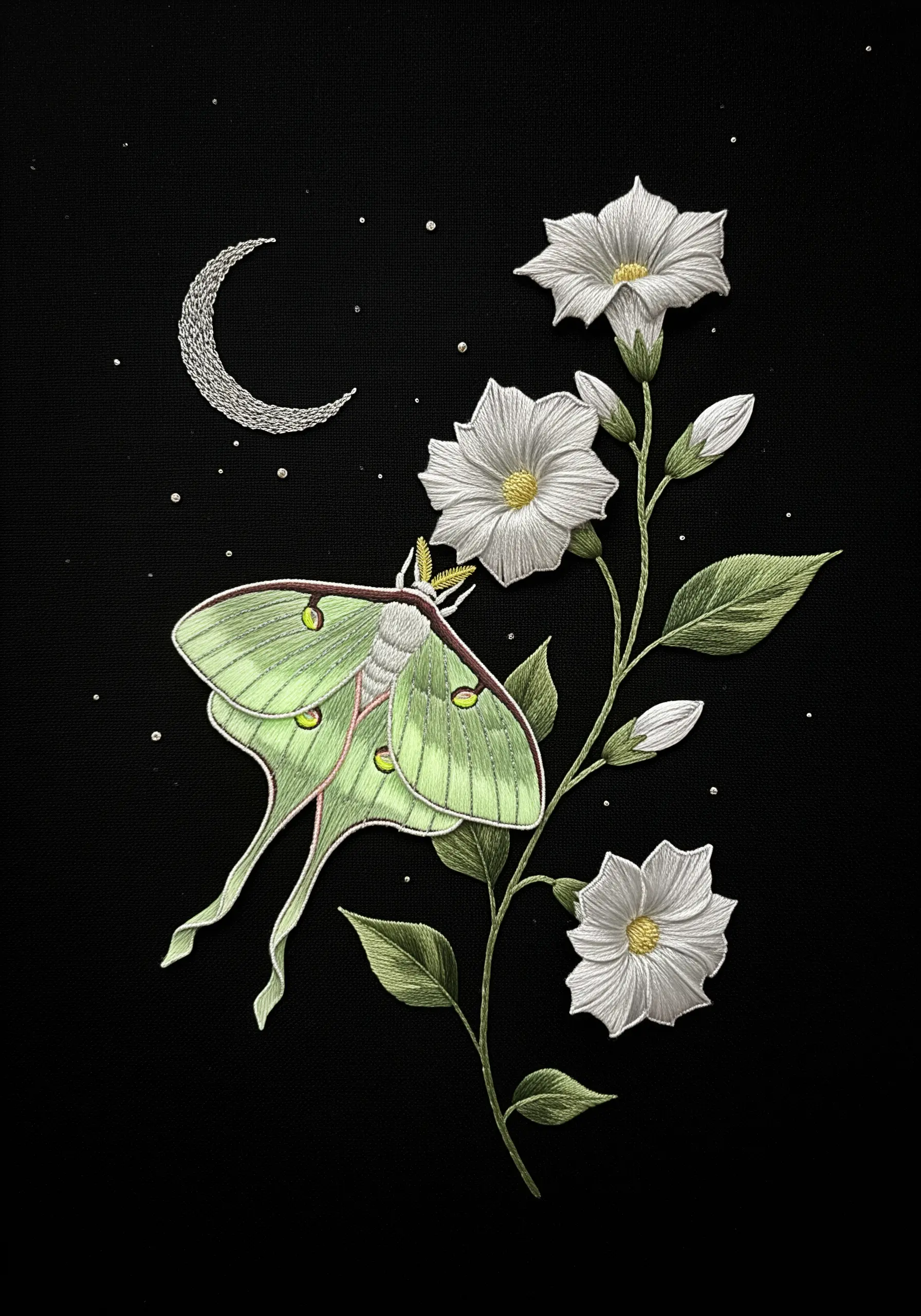 A green luna moth and white flowers embroidered on black fabric with a silver moon.
