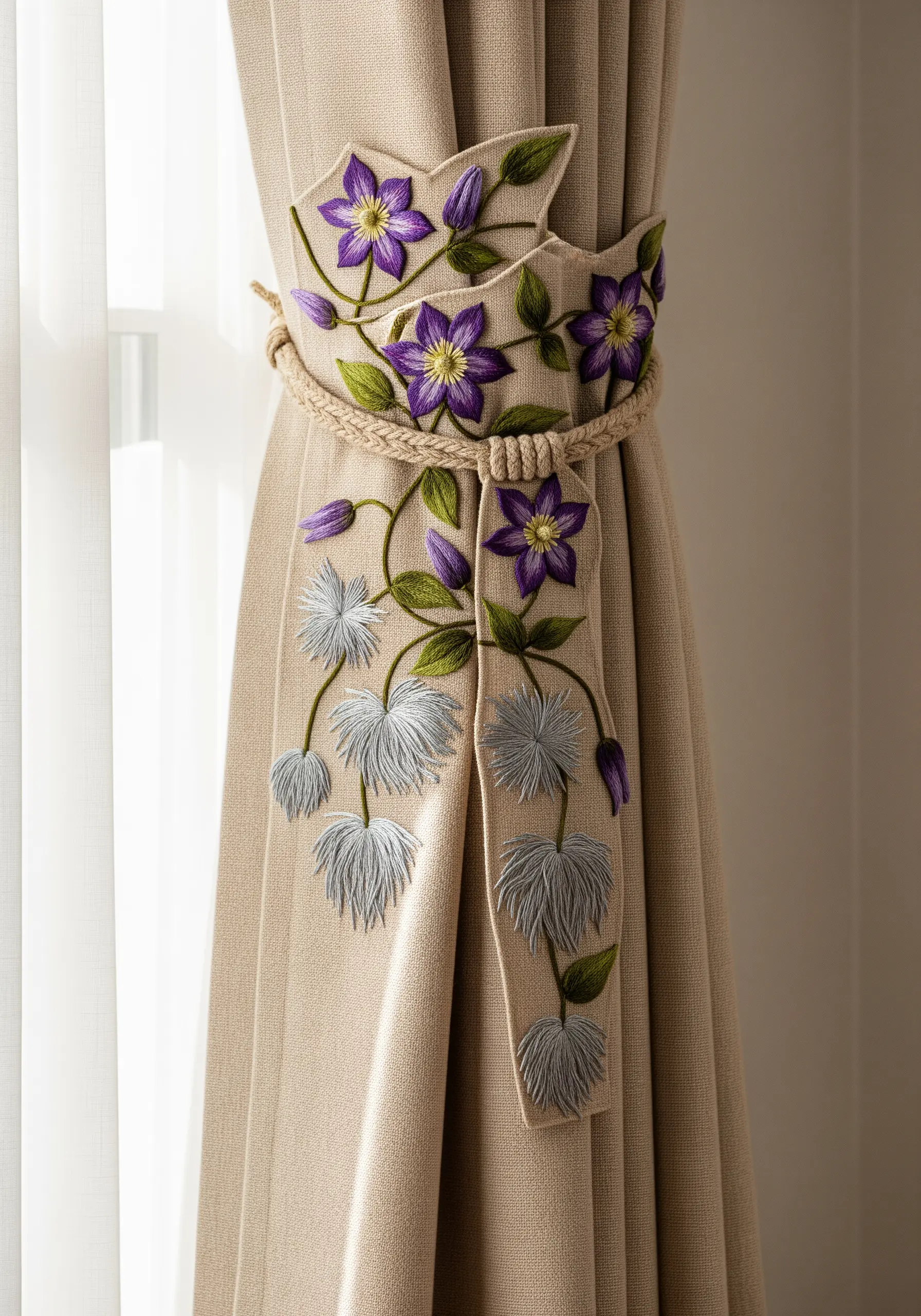 An embroidered curtain tie-back with purple clematis flowers and fluffy, 3D seed heads
