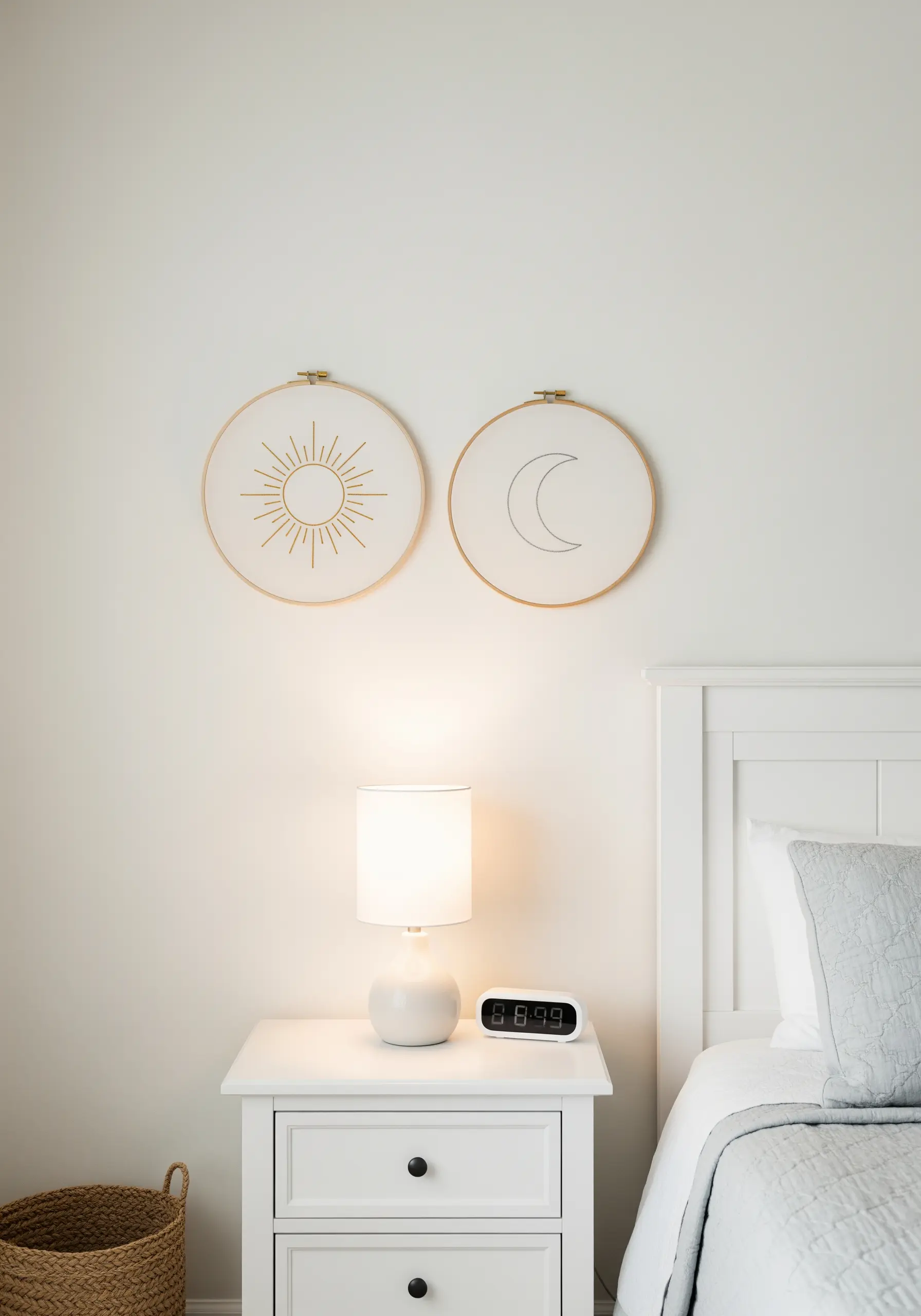 A pair of embroidery hoops, one with a minimal sun and the other with a minimal moon.