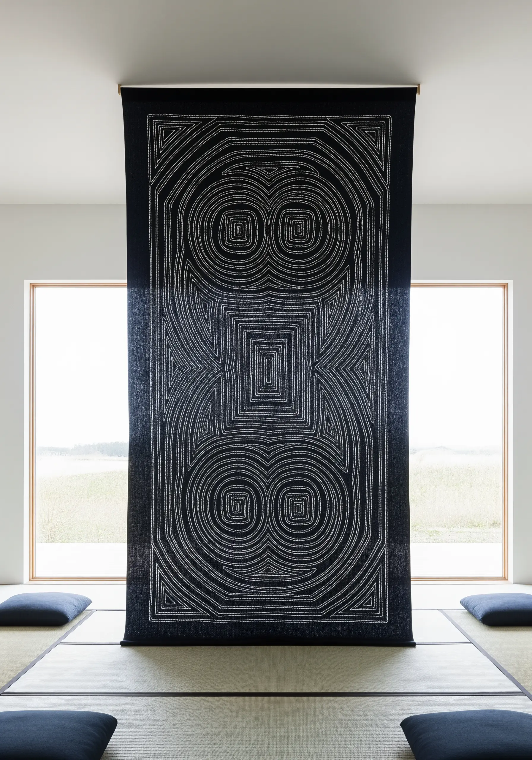 A large black textile hanging with a mesmerizing, symmetrical geometric pattern in white thread.