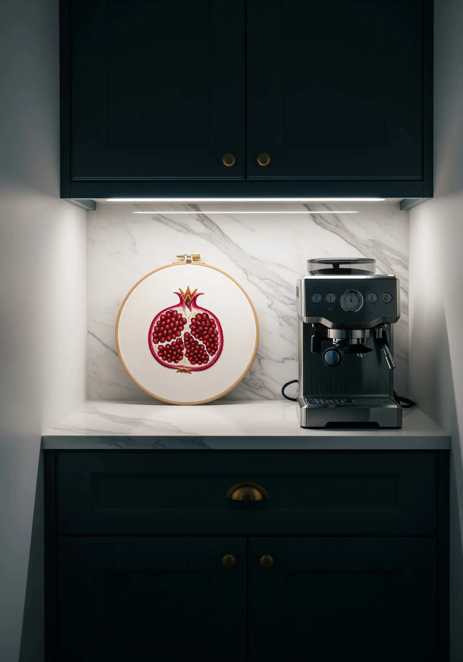 A large, detailed embroidery of a sliced pomegranate in a hoop, sitting in a dark kitchen nook.