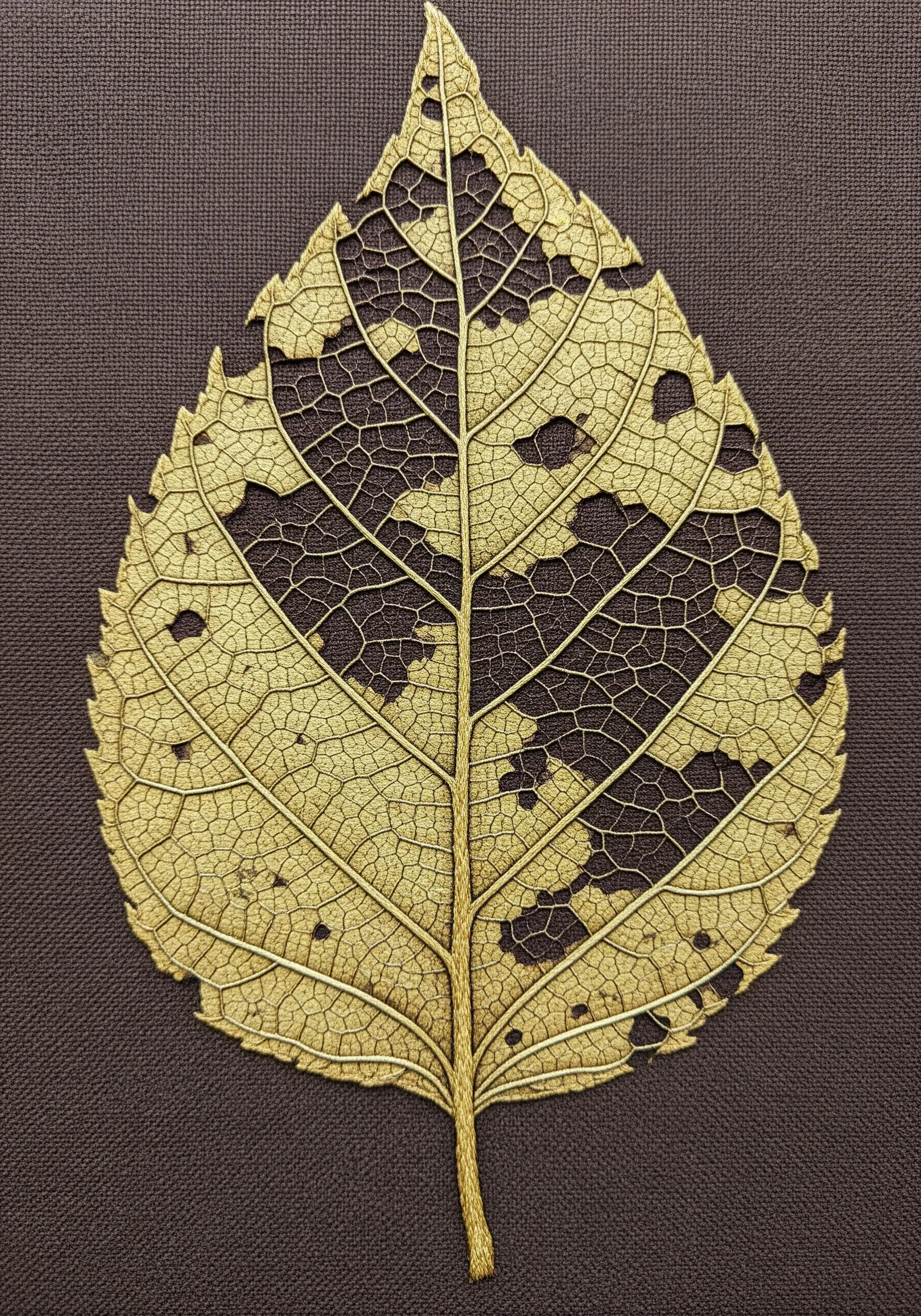 A decayed leaf stitched in gold thread, leaving negative space where the leaf has rotted away.