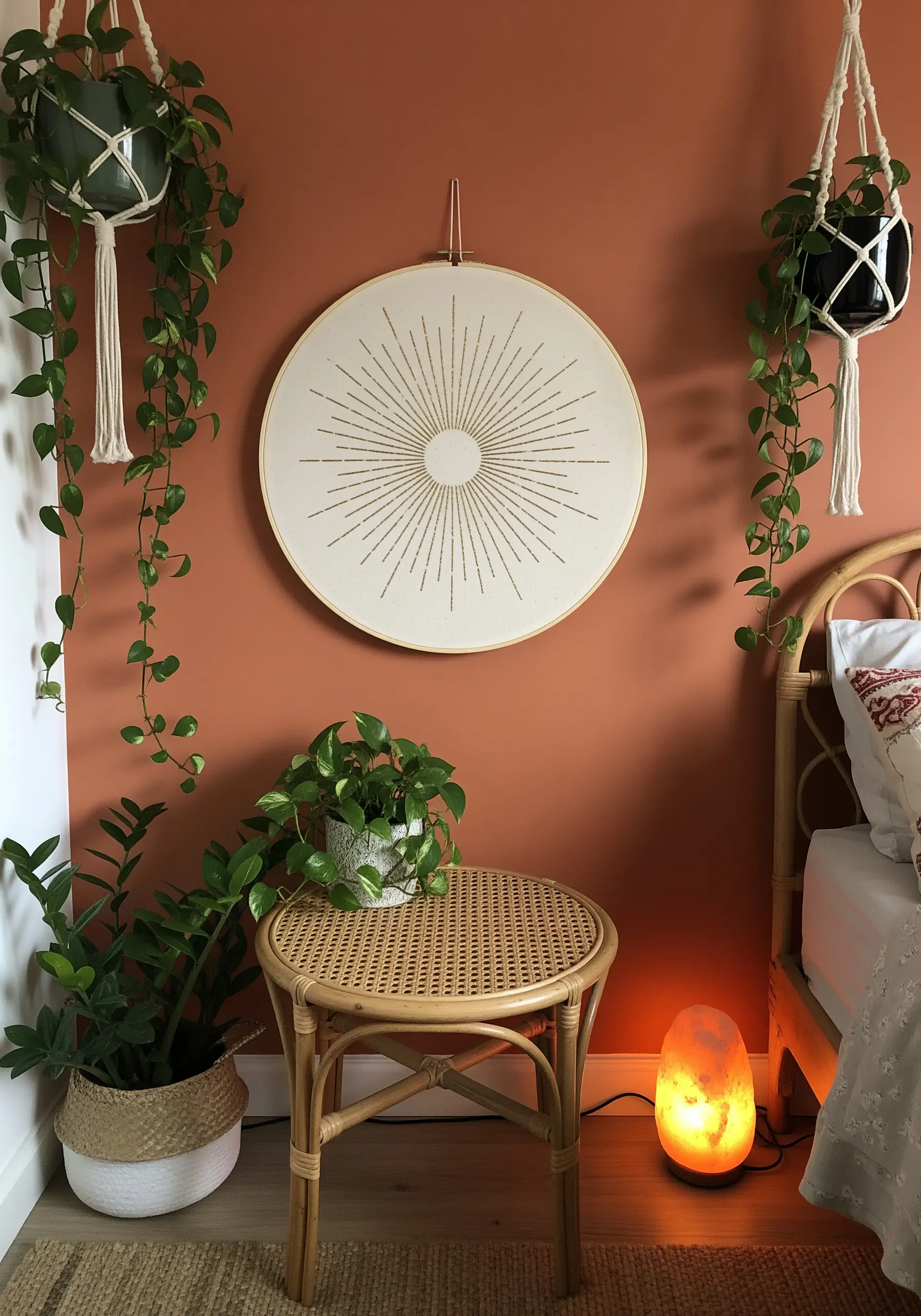 Large gold sunburst embroidery with straight stitches on off-white fabric.