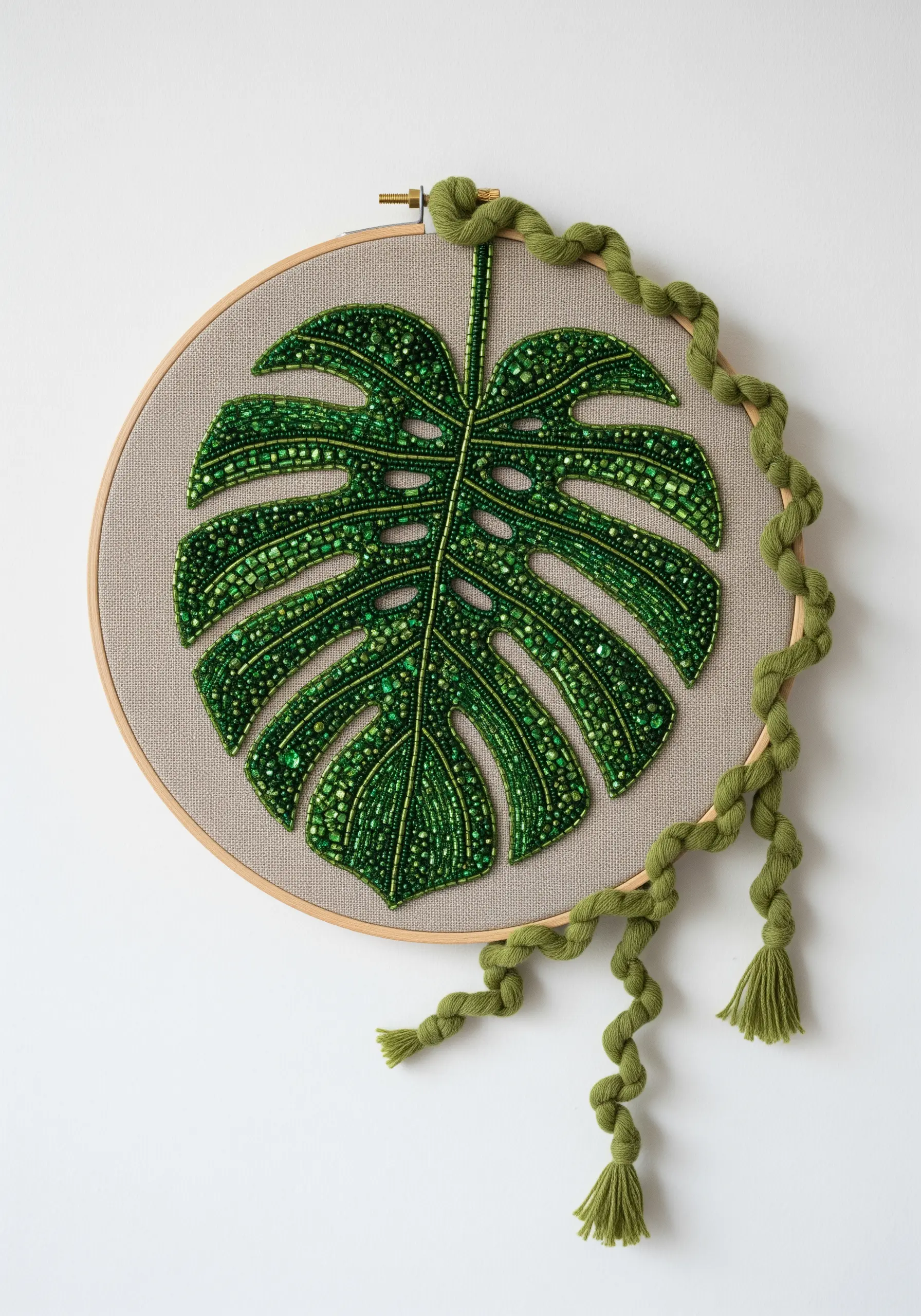 A monstera leaf filled entirely with green seed beads and sequins on a neutral fabric hoop.