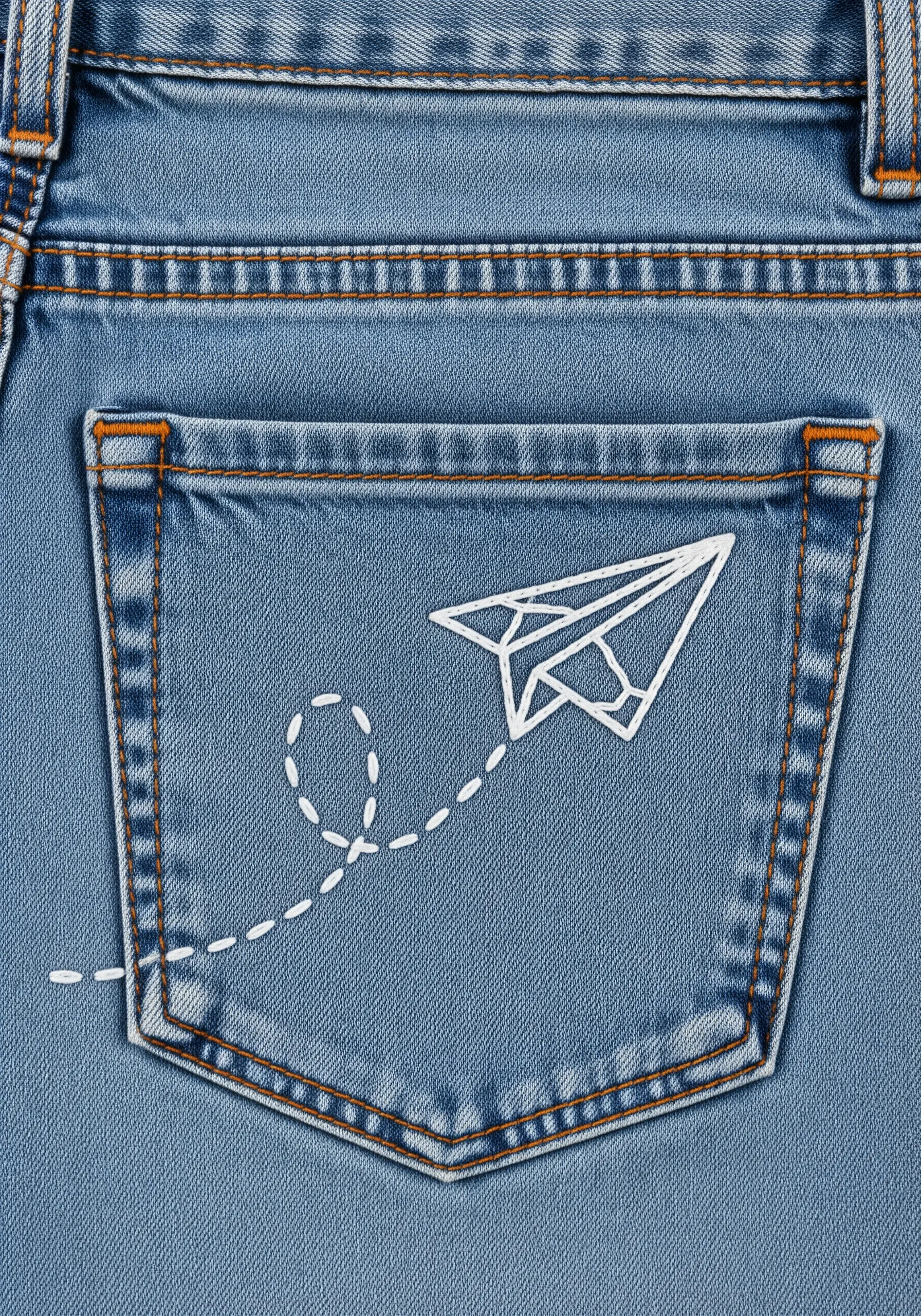 White outline of a paper airplane with a dotted flight path on a jean pocket.