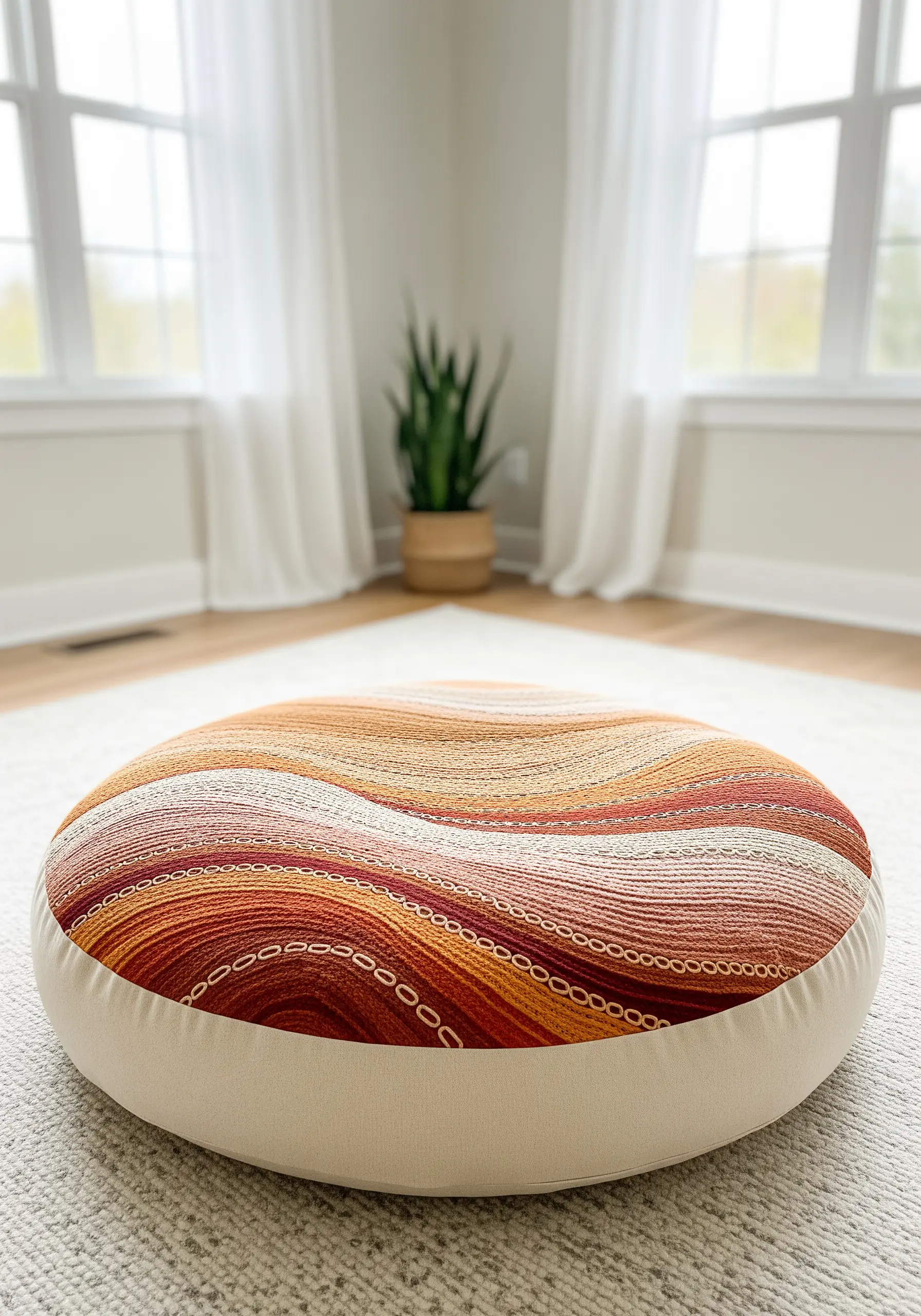 A round floor cushion with wavy, textured embroidery in warm earth tones.