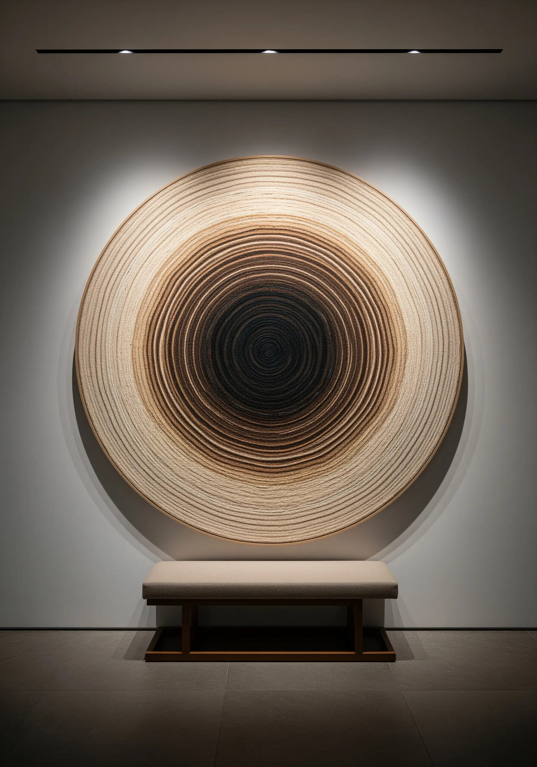 Large circular wall art with concentric rings of thread in a neutral gradient.