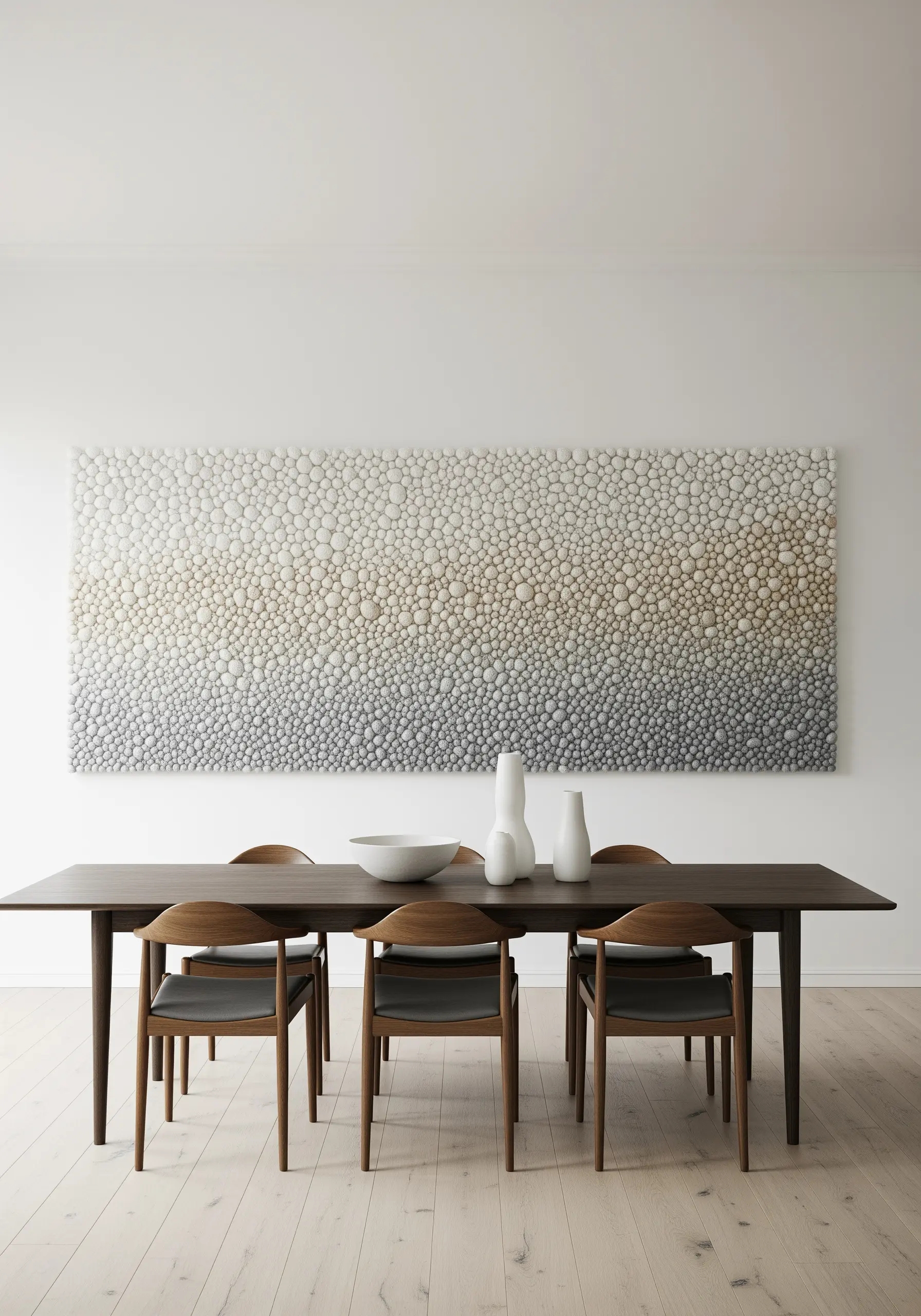 A large, rectangular wall art piece with a gradient of textured white, gray, and sand-colored dots.
