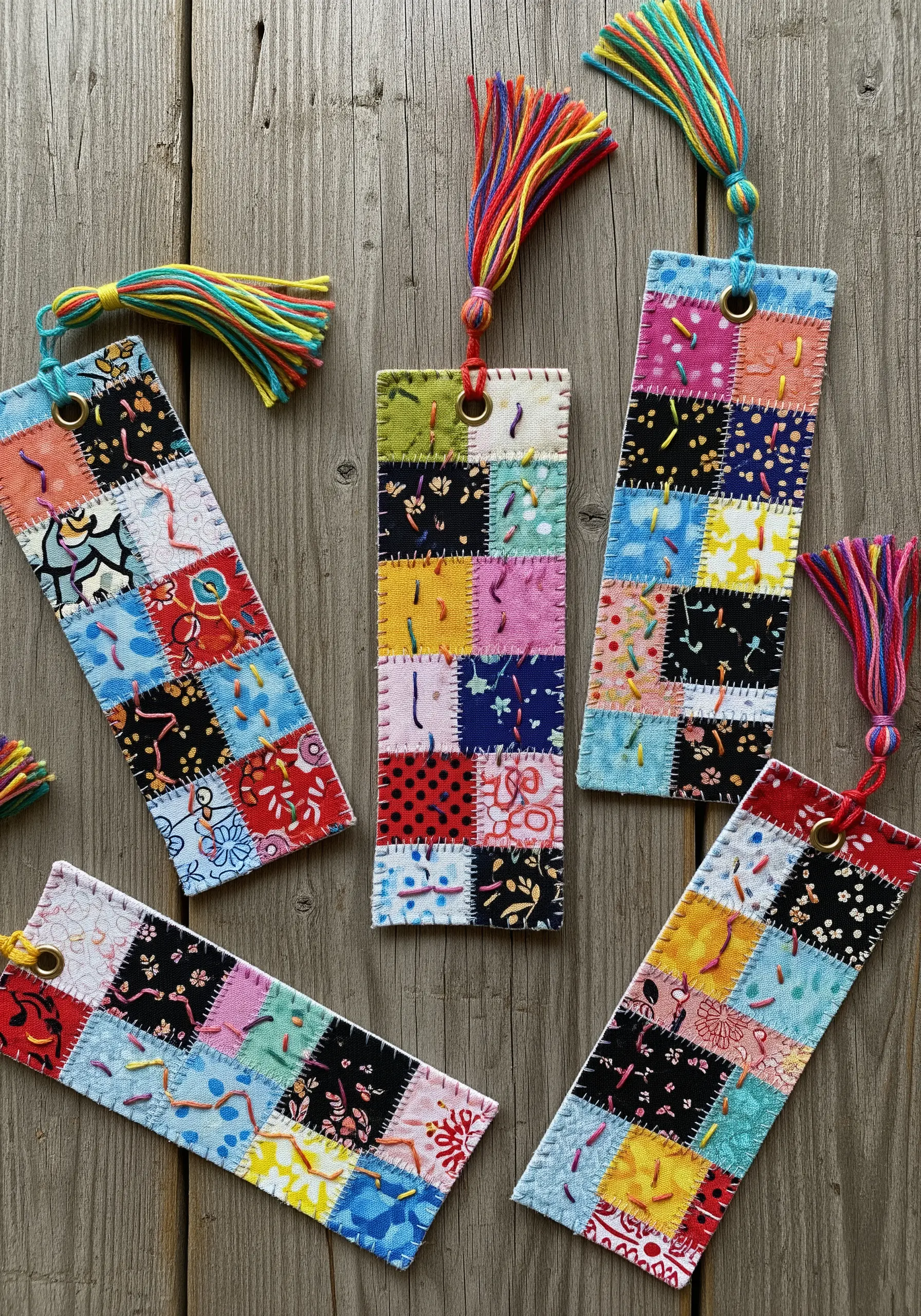 Colorful patchwork bookmarks made from fabric scraps with decorative running stitches on a wooden table.