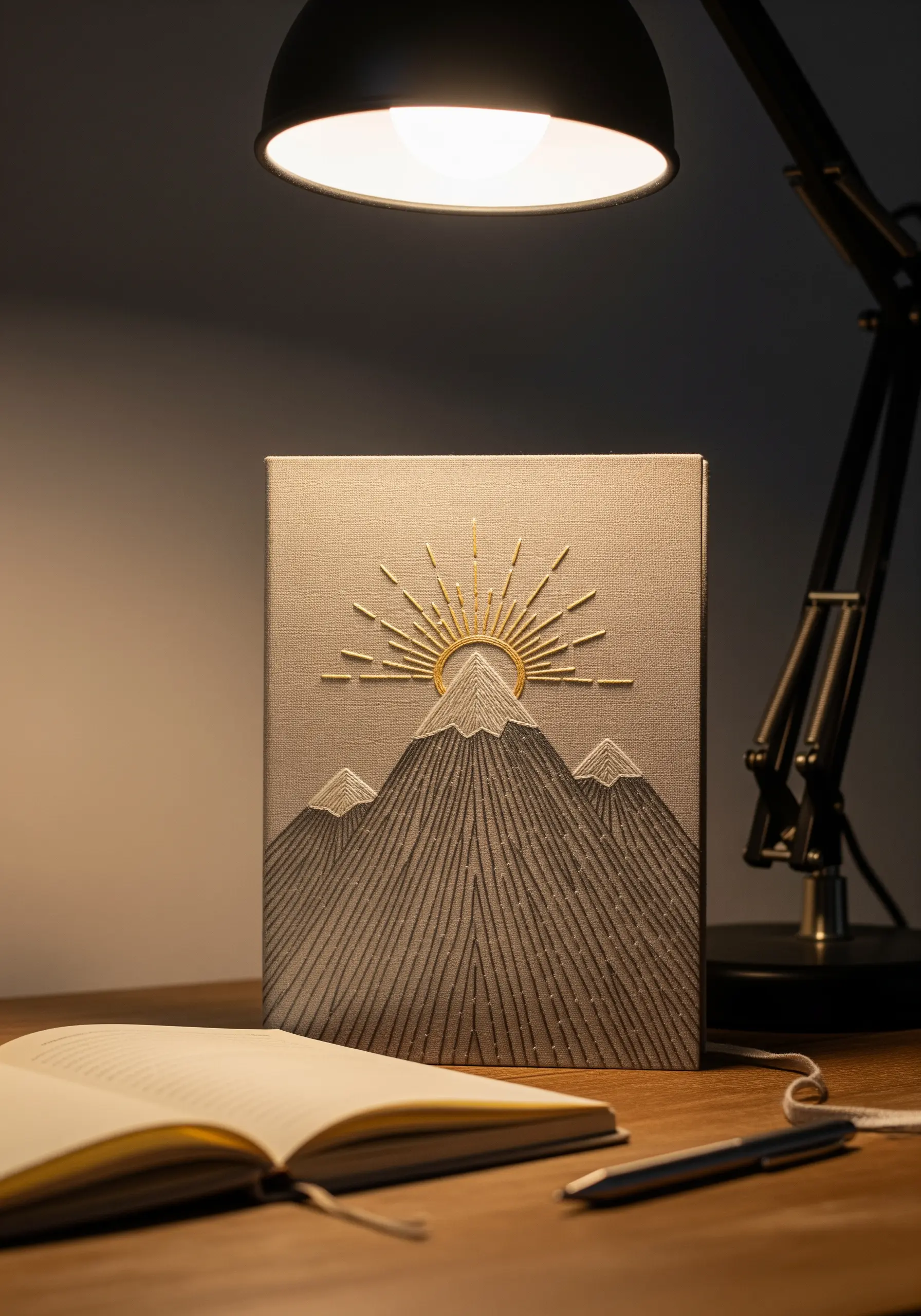 An embroidered journal cover with a mountain range created using varied straight stitch density.