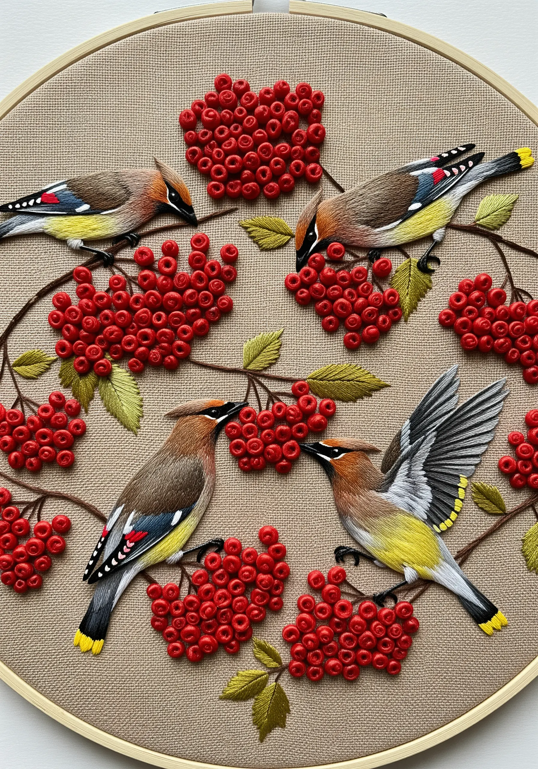 Four embroidered Cedar Waxwing birds eating bright red, 3D bullion knot berries.