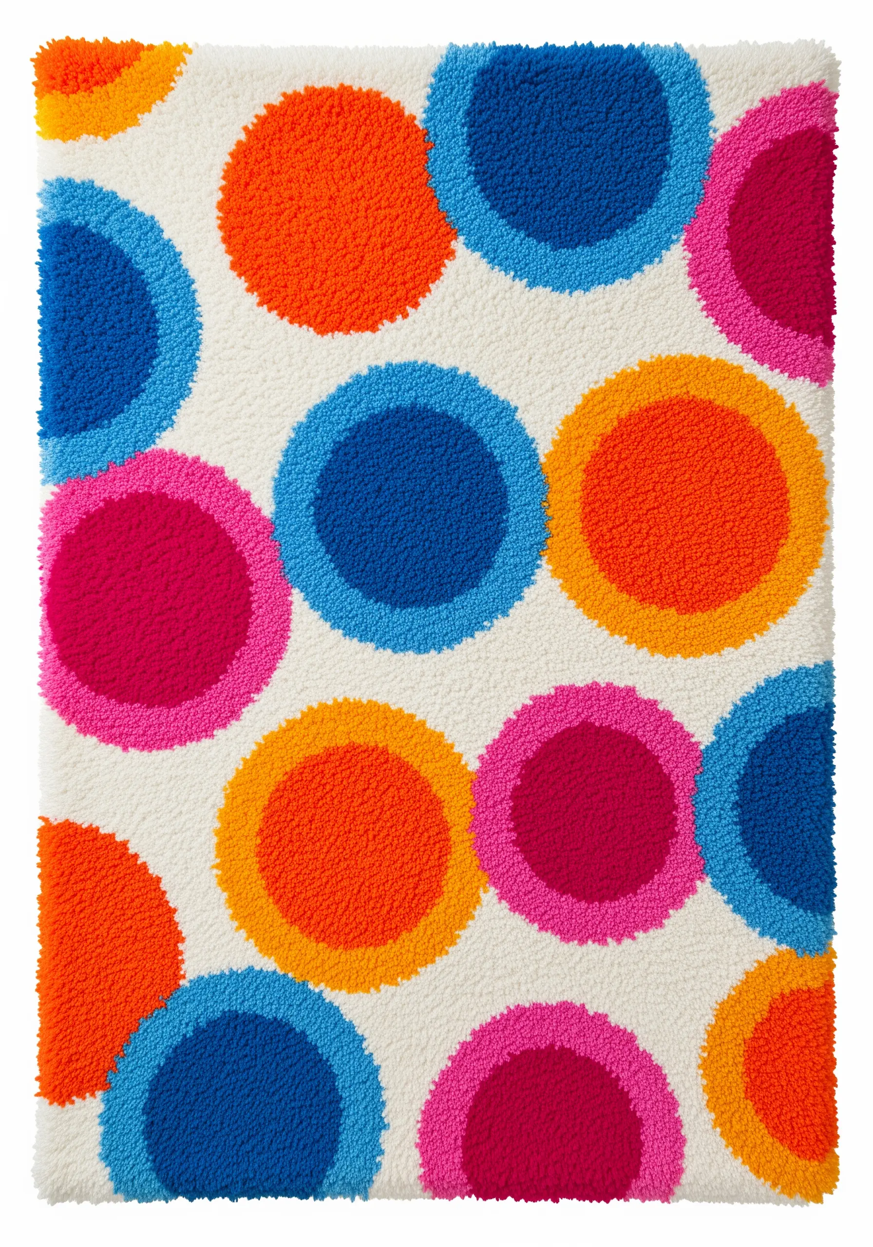 A tufted wall hanging featuring overlapping circles in bright pop art colors like orange, pink, and blue.