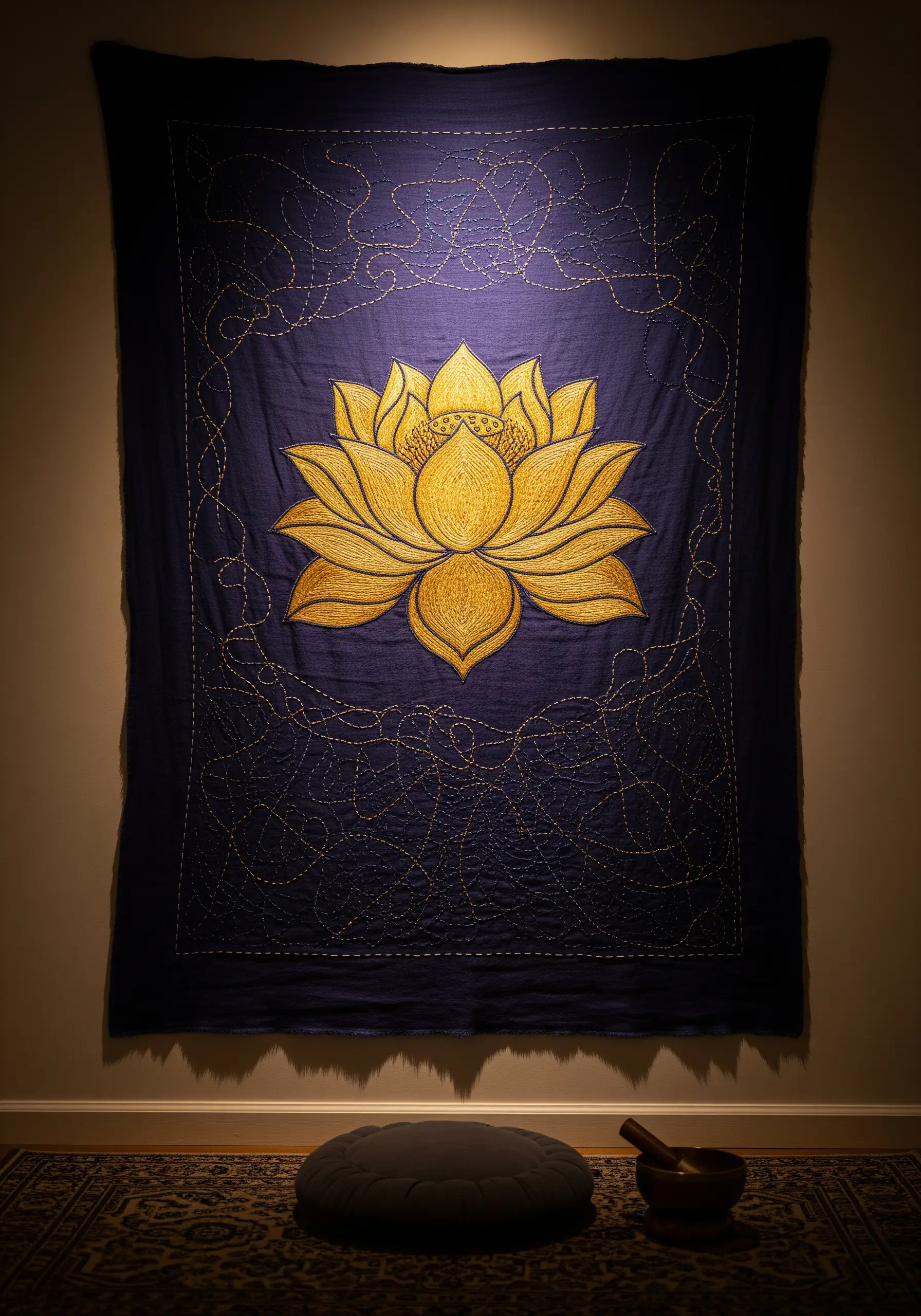 A large, luminous golden lotus embroidered on dark blue fabric for a meditation space.
