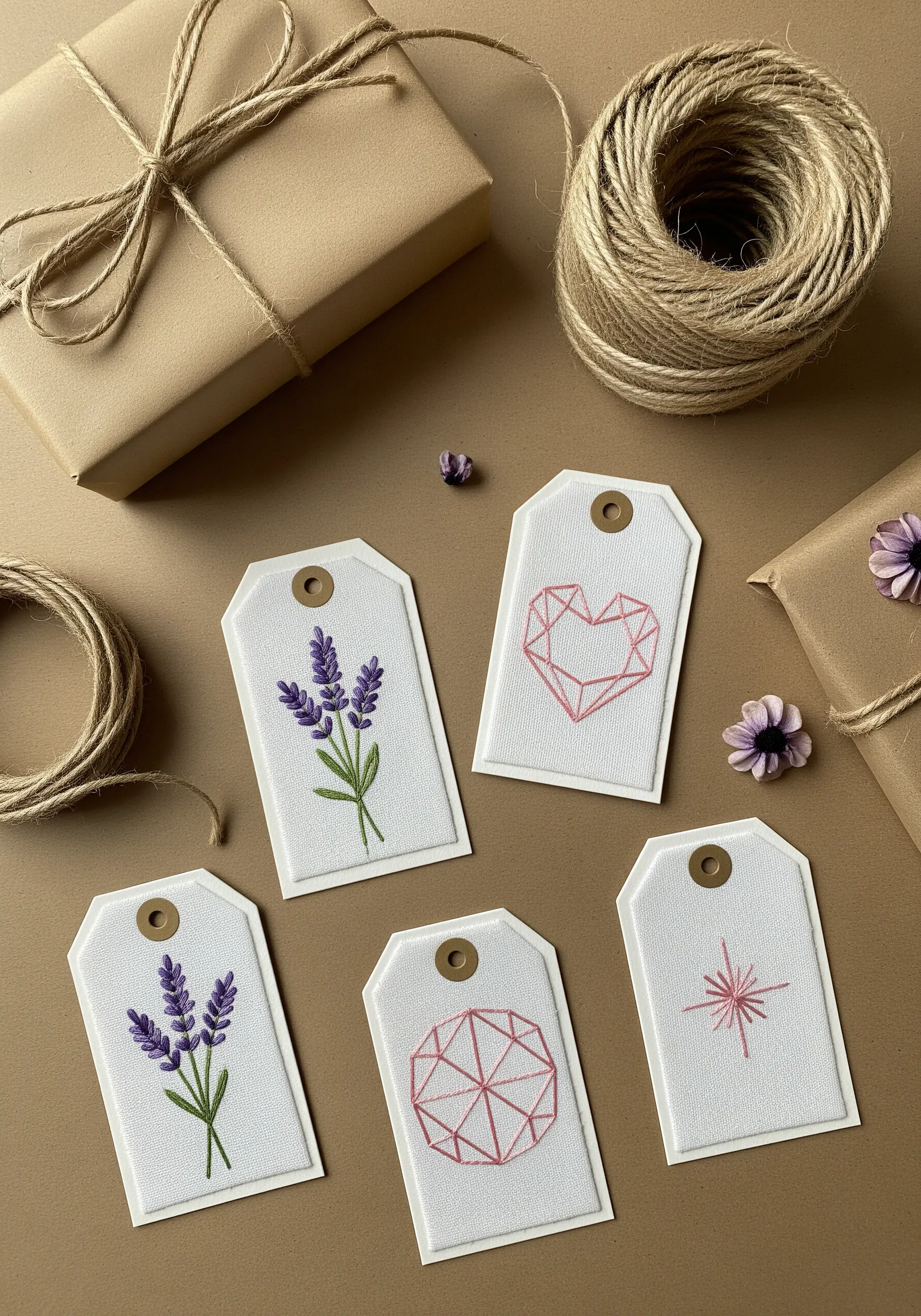 A set of five gift tags with small embroidered lavender and geometric designs.